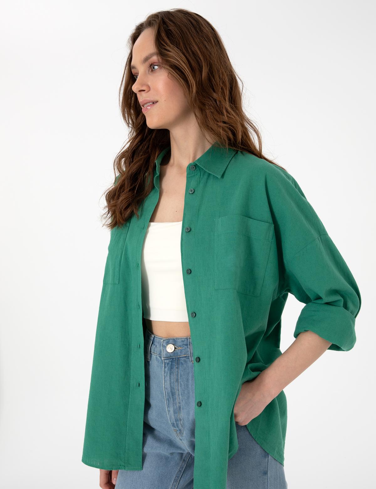 Zümrüt Oversize Keten Karışımlı Uzun Kollu Gömlek - 50313128054