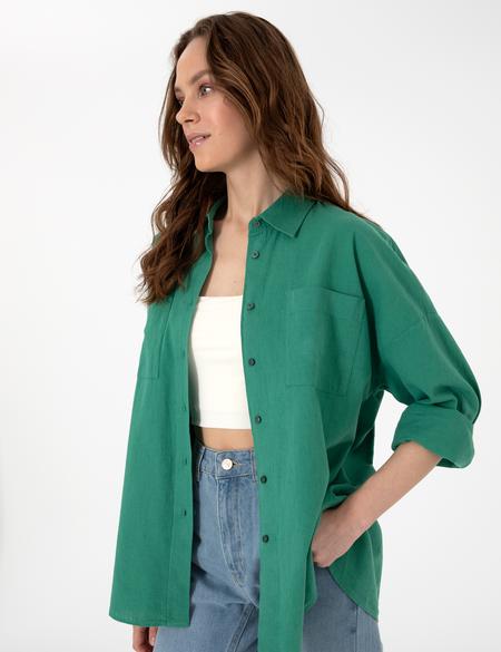 Zümrüt Oversize Keten Karışımlı Uzun Kollu Gömlek - 50313128054
