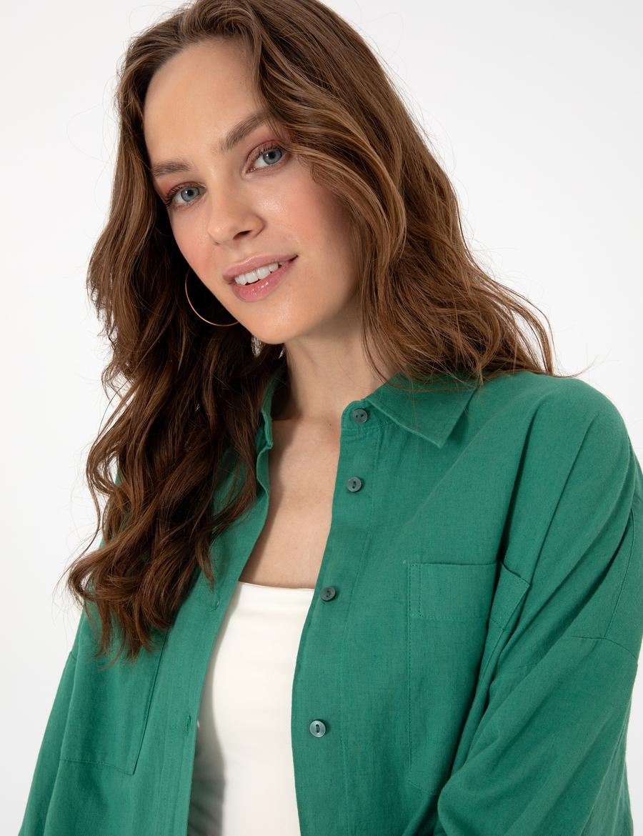 Zümrüt Oversize Keten Karışımlı Uzun Kollu Gömlek