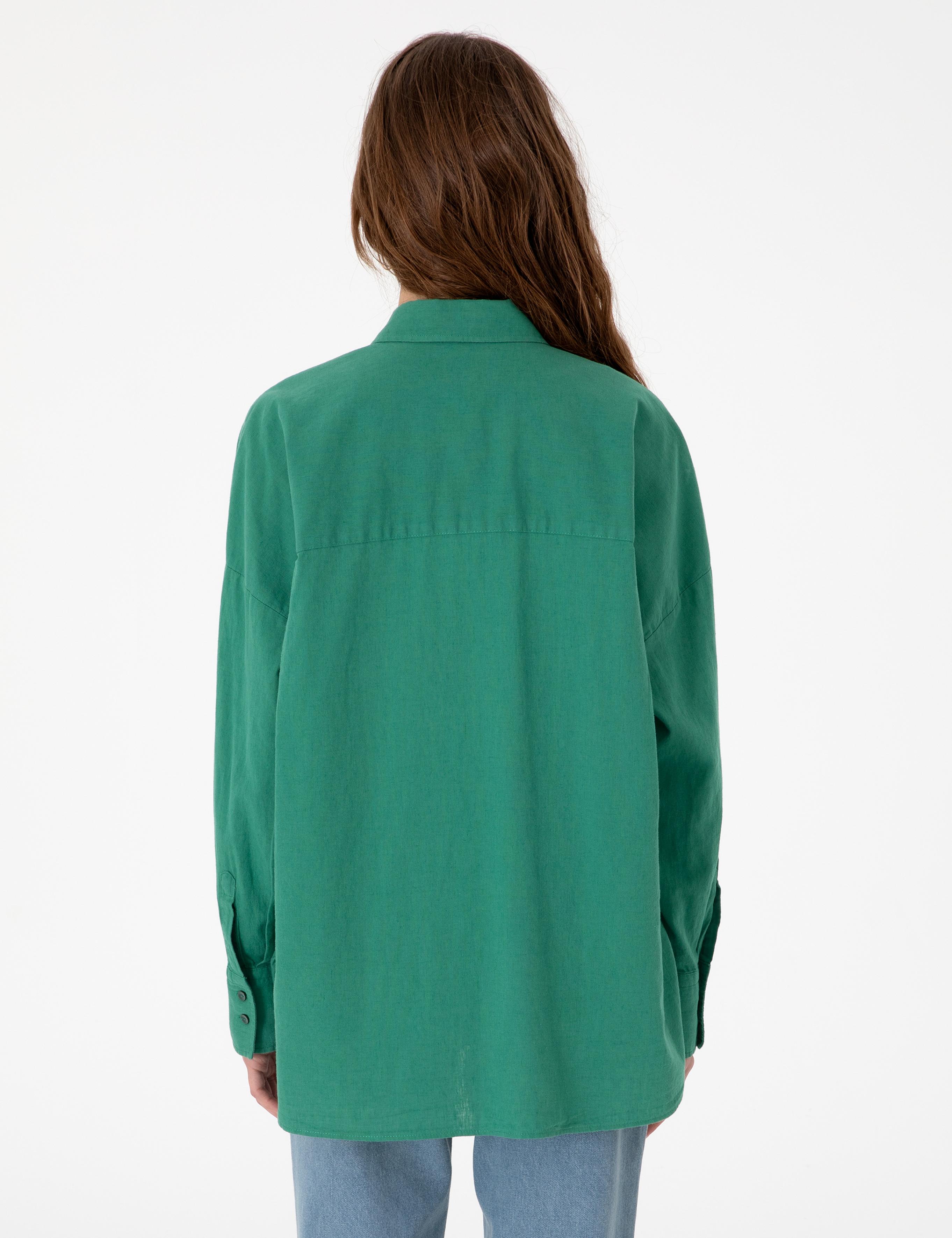 Zümrüt Oversize Keten Karışımlı Uzun Kollu Gömlek