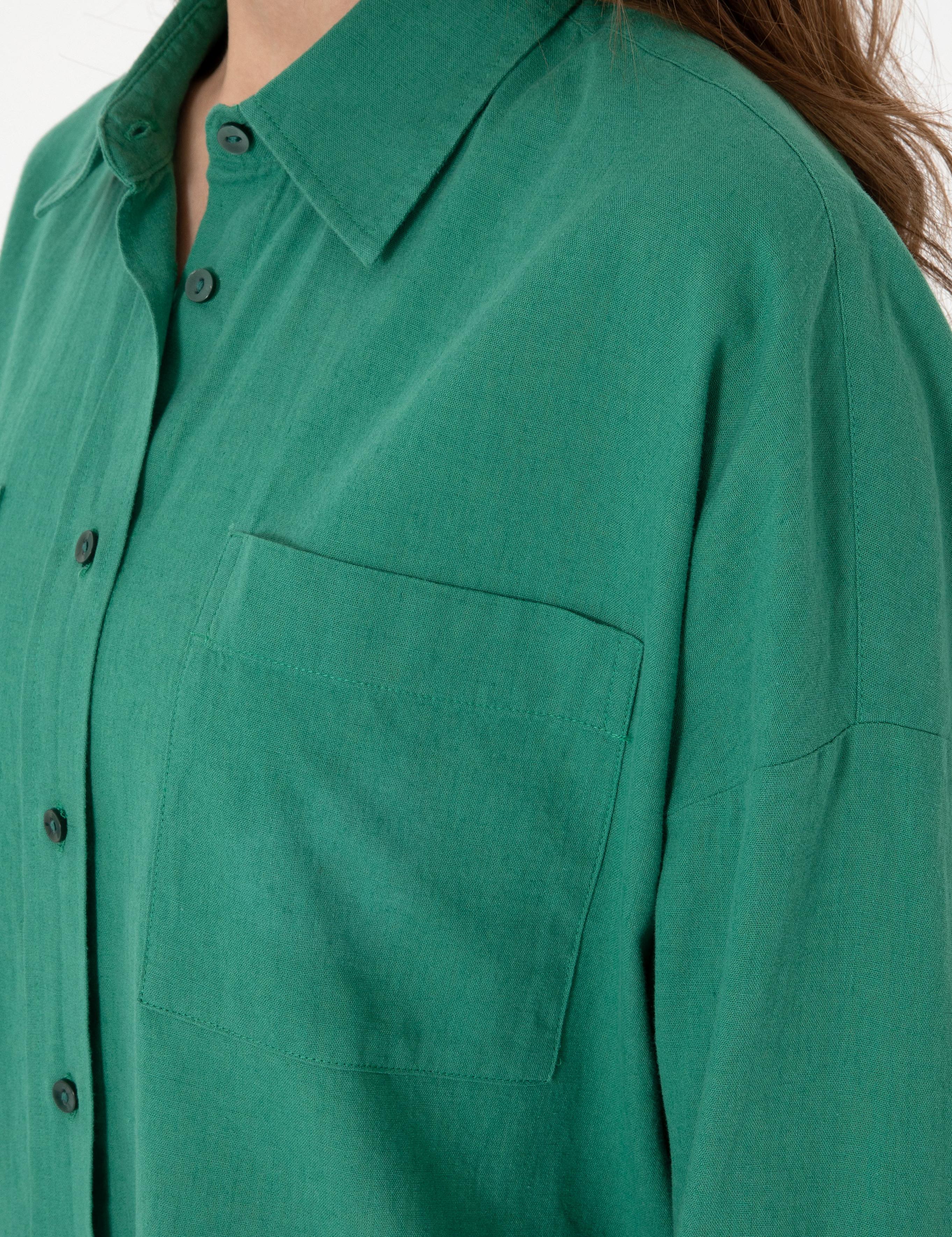 Zümrüt Oversize Keten Karışımlı Uzun Kollu Gömlek