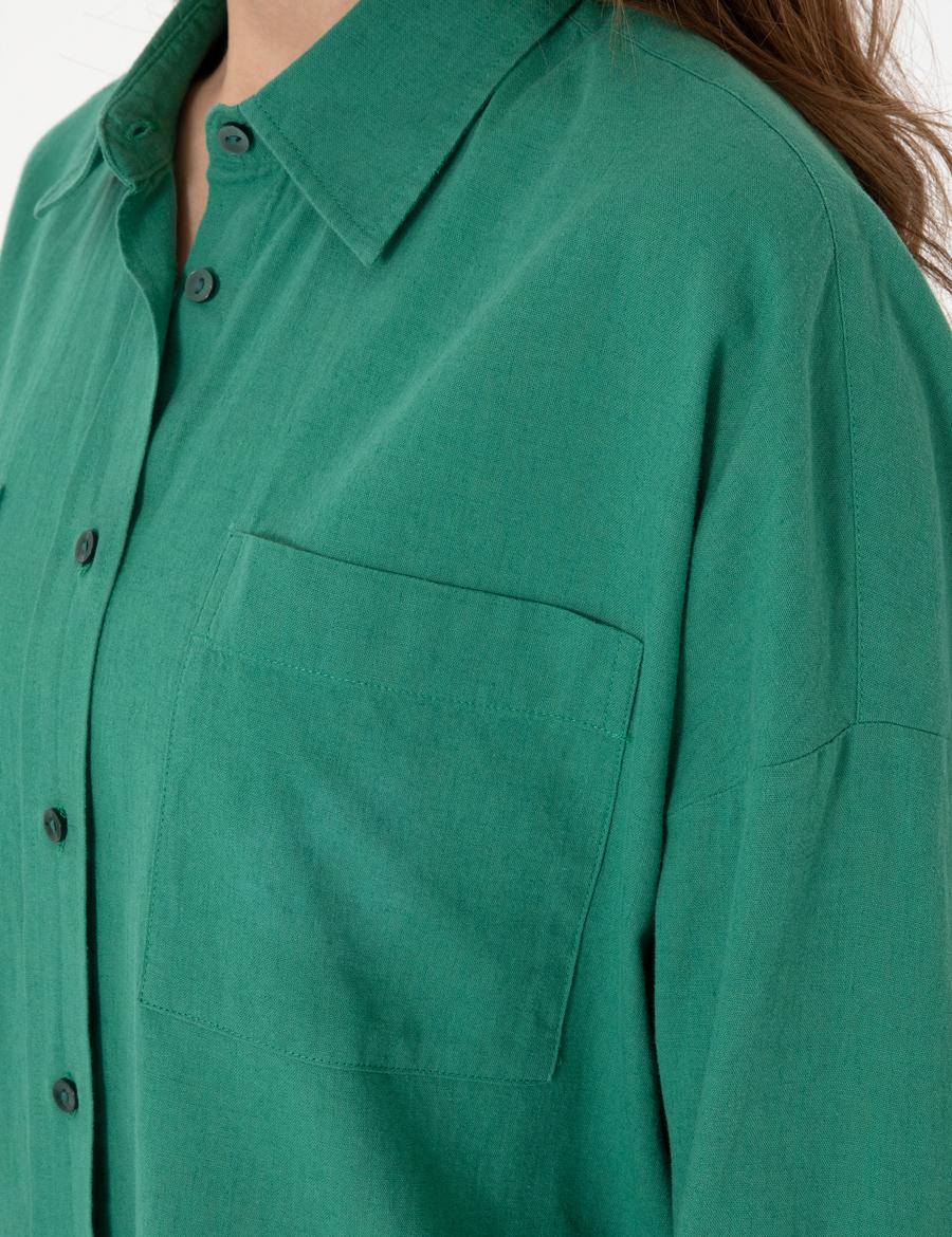 Zümrüt Oversize Keten Karışımlı Uzun Kollu Gömlek