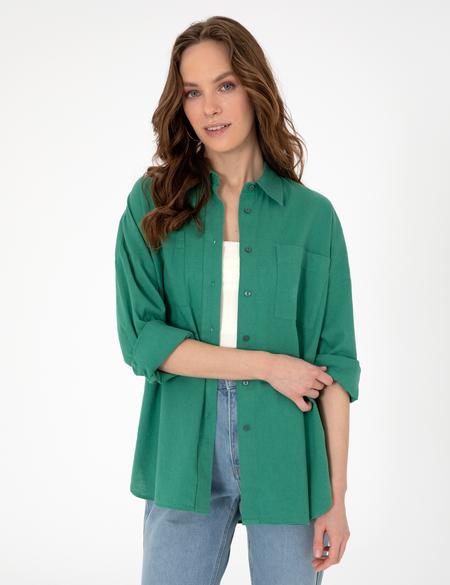 Zümrüt Oversize Keten Karışımlı Uzun Kollu Gömlek - 50313128054
