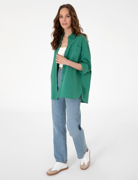 Zümrüt Oversize Keten Karışımlı Uzun Kollu Gömlek - 50313128054
