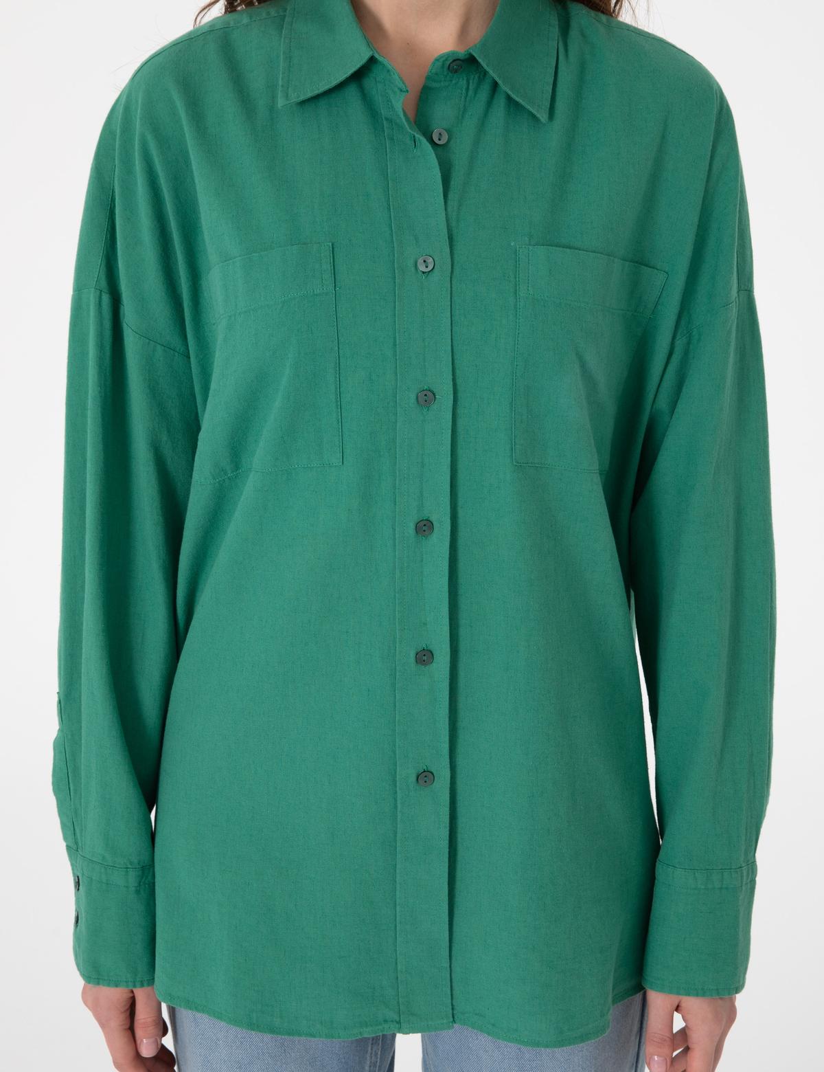 Zümrüt Oversize Keten Karışımlı Uzun Kollu Gömlek - 50313128054