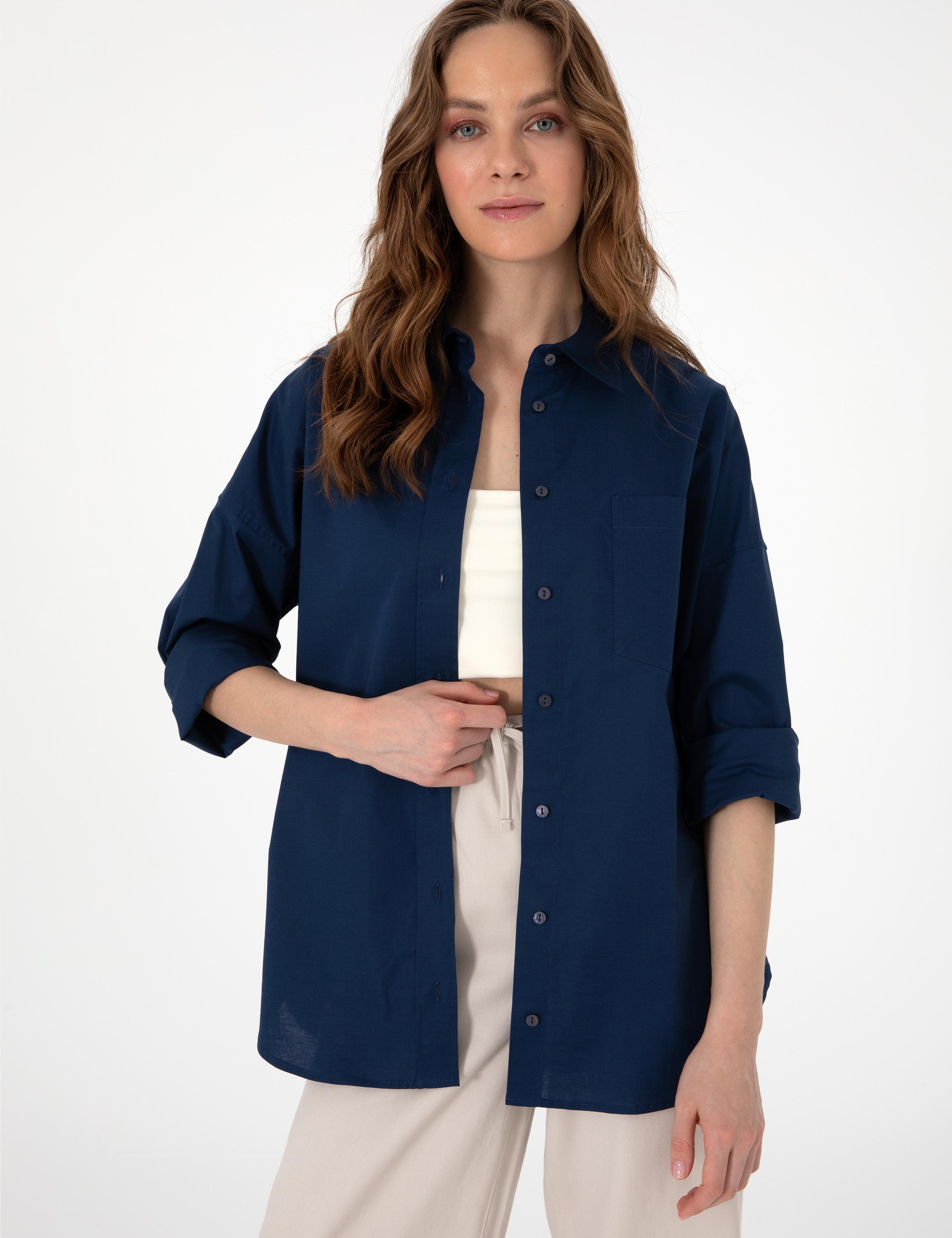 Lacivert Oversize Uzun Kollu Gömlek