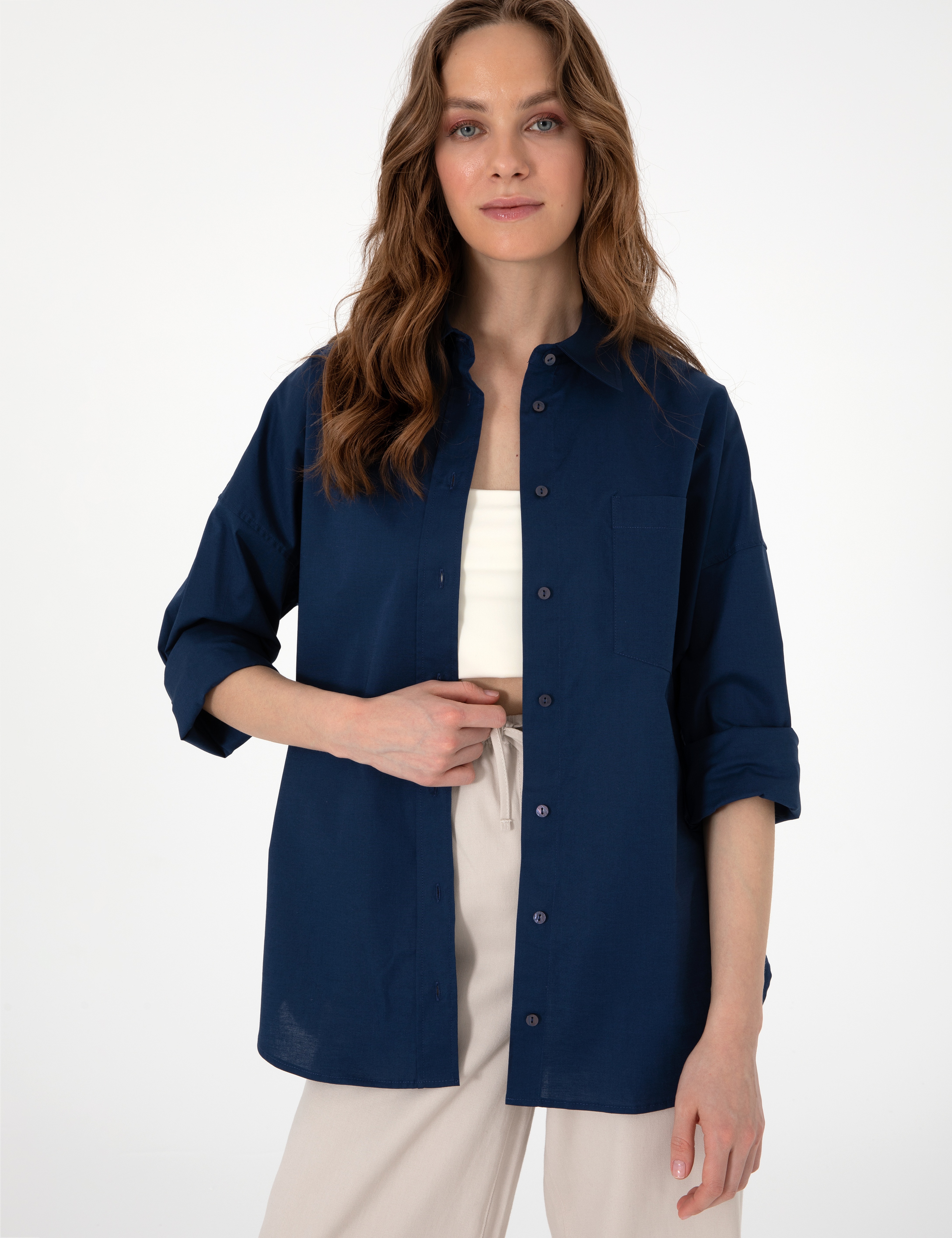 Lacivert Oversize Uzun Kollu Gömlek - Image 3