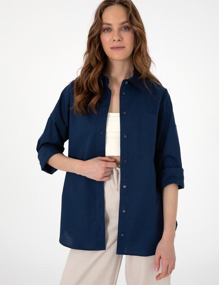 Lacivert Oversize Uzun Kollu Gömlek - 50313596017