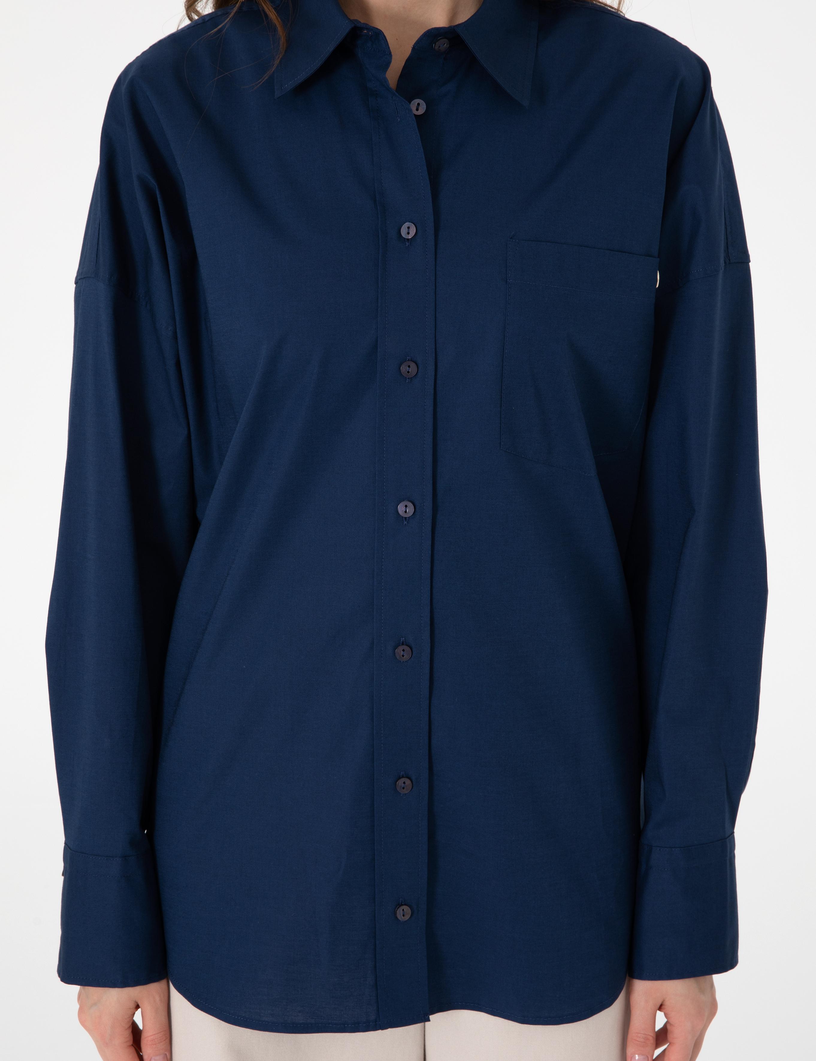 Lacivert Oversize Uzun Kollu Gömlek