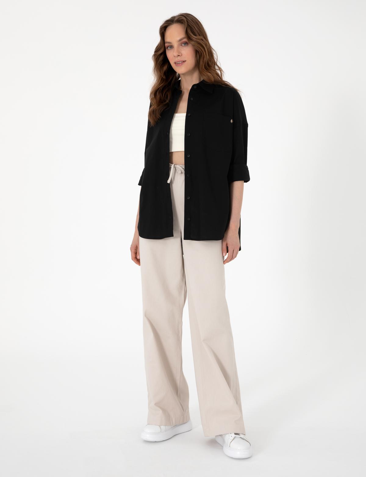 Siyah Oversize Uzun Kollu Gömlek - 50313596010