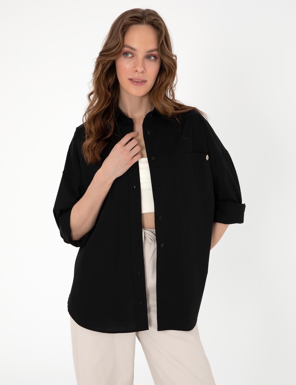 Siyah Oversize Uzun Kollu Gömlek - 50313596010