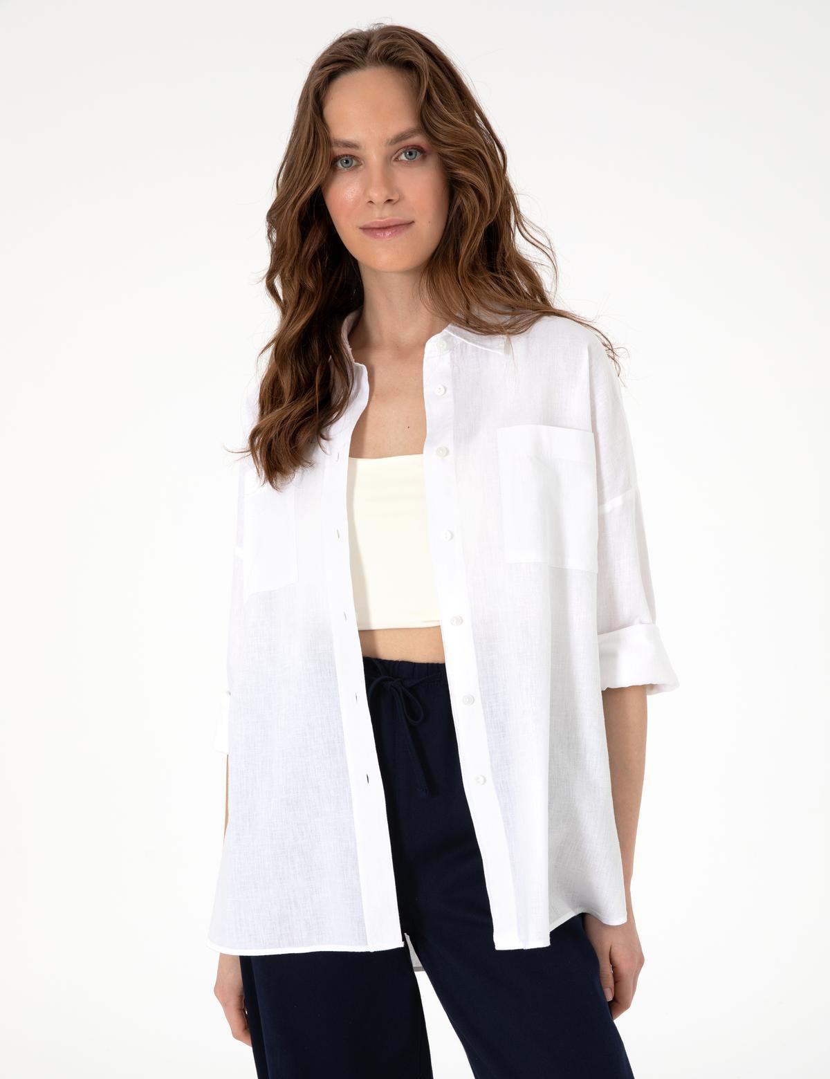 Beyaz Oversize Keten Karışımlı Uzun Kollu Gömlek - 50313128002