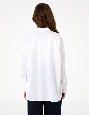 Beyaz Oversize Keten Karışımlı Uzun Kollu Gömlek