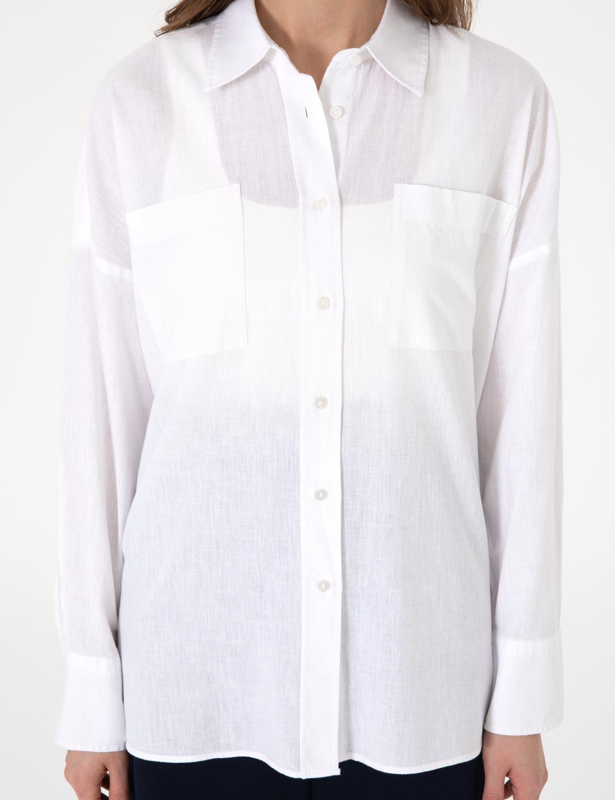 Beyaz Oversize Keten Karışımlı Uzun Kollu Gömlek - 50313128002