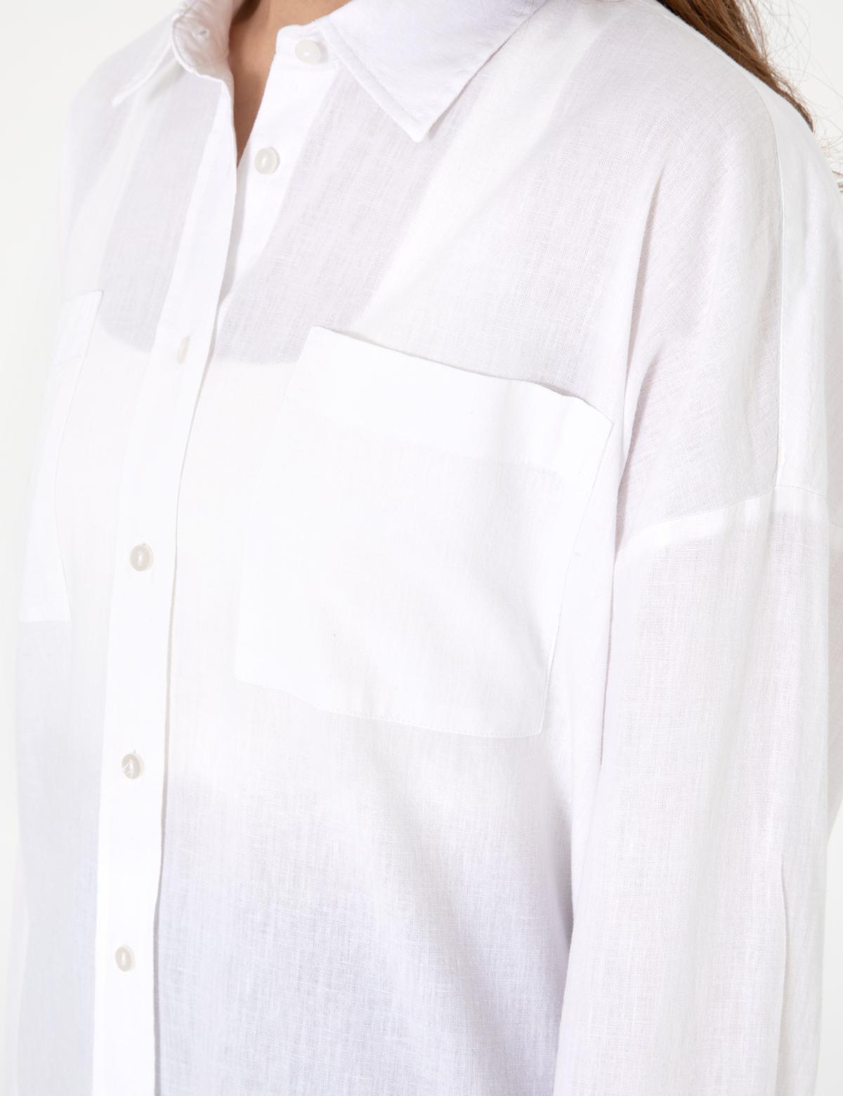 Beyaz Oversize Keten Karışımlı Uzun Kollu Gömlek - 50313128002