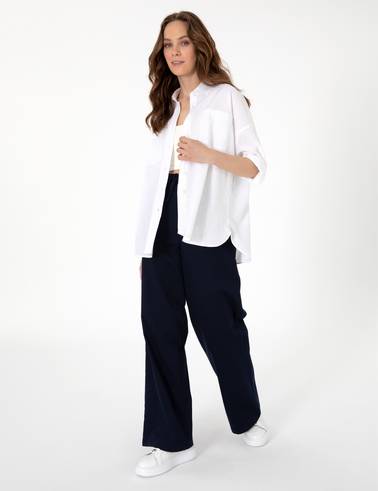 Beyaz Oversize Keten Karışımlı Uzun Kollu Gömlek