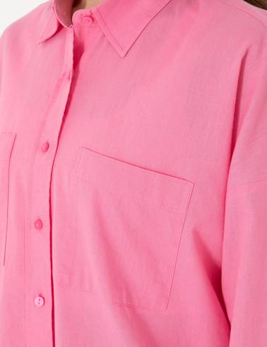 Açık Pembe Oversize Keten Karışımlı Uzun Kollu Gömlek