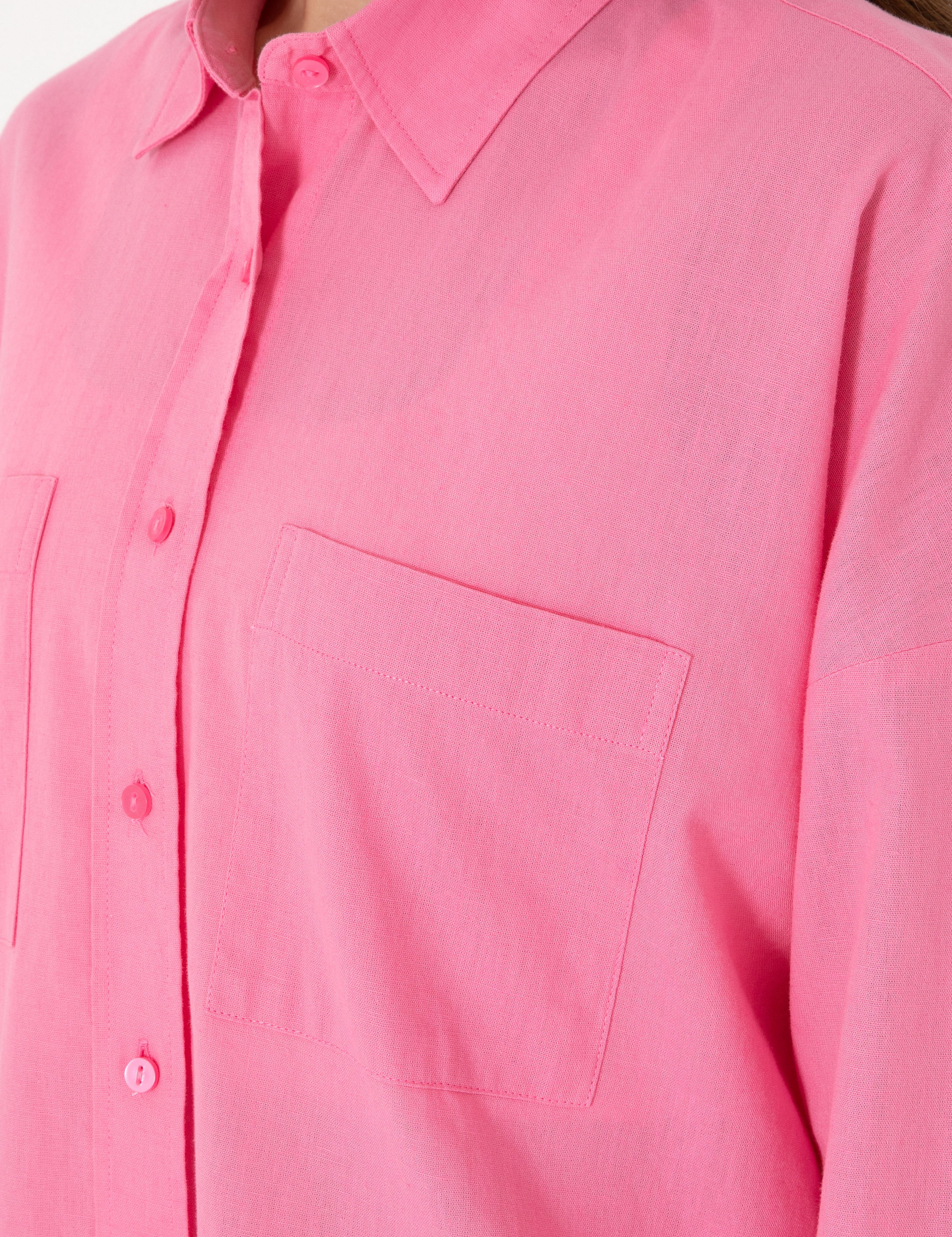Açık Pembe Oversize Keten Karışımlı Uzun Kollu Gömlek - Image 7