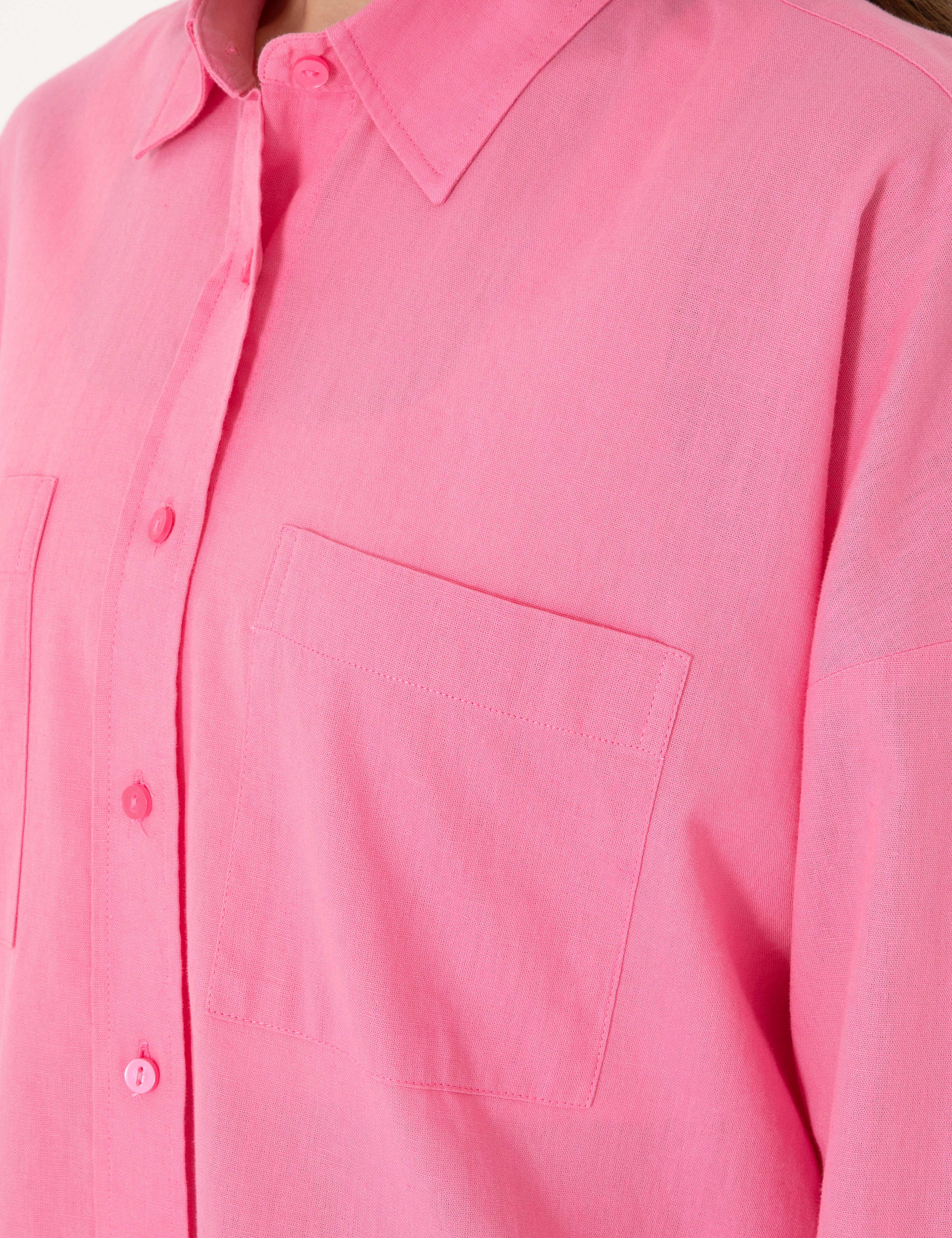 Açık Pembe Oversize Keten Karışımlı Uzun Kollu Gömlek