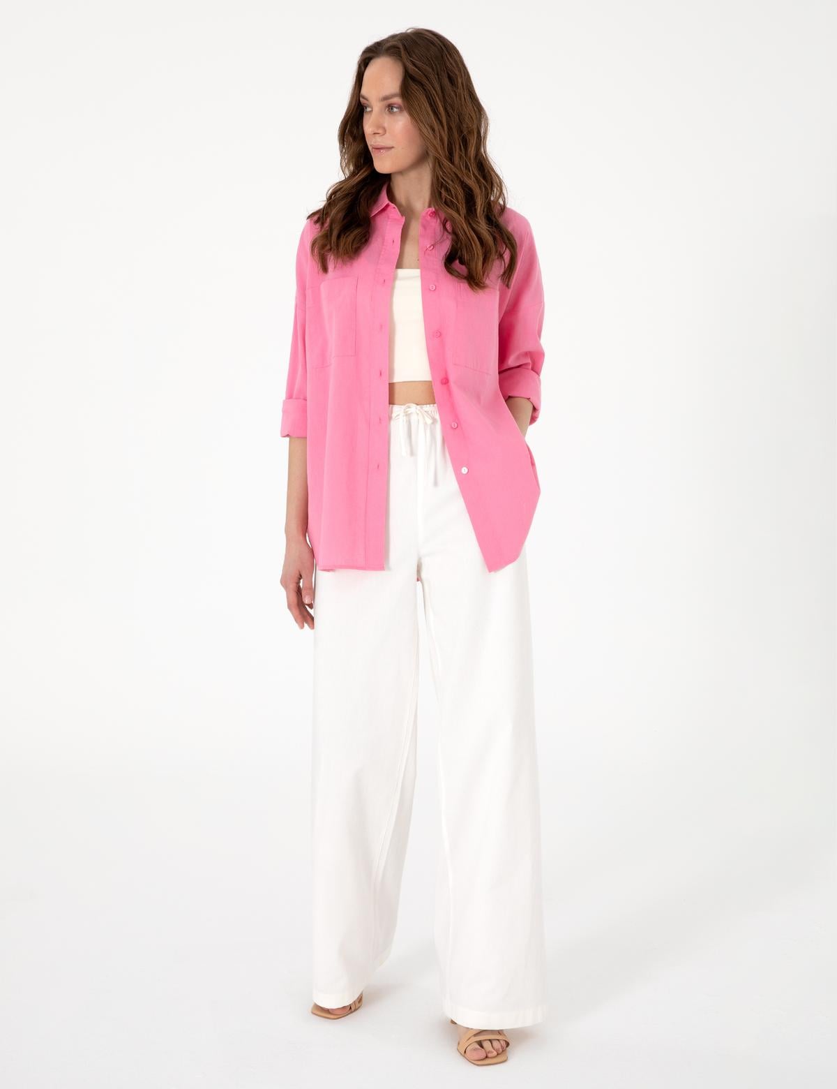 Açık Pembe Oversize Keten Karışımlı Uzun Kollu Gömlek - 50313128058