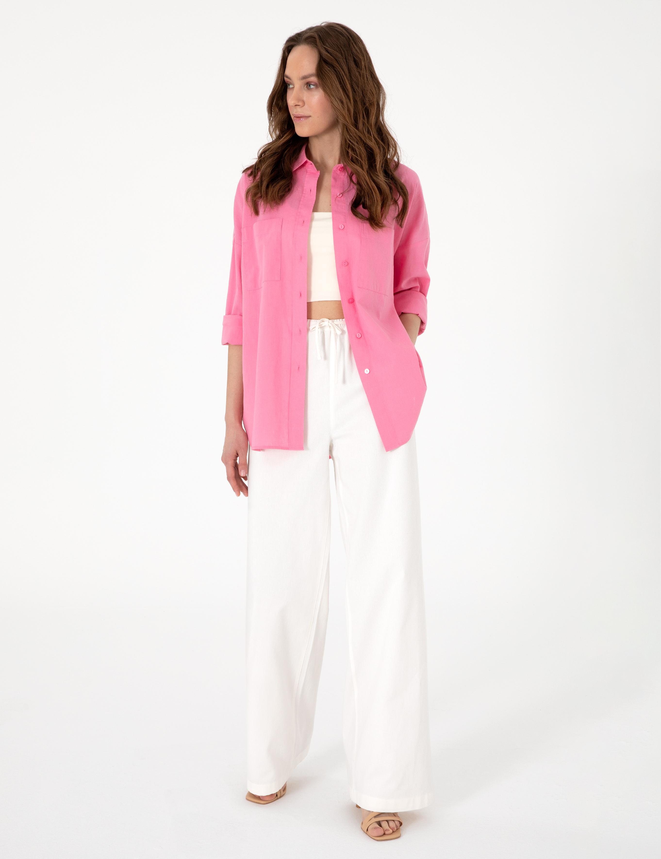 Açık Pembe Oversize Keten Karışımlı Uzun Kollu Gömlek