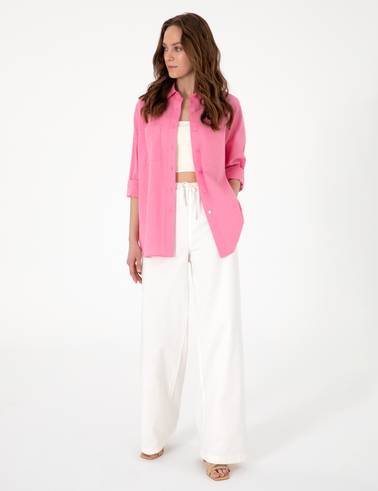 Açık Pembe Oversize Keten Karışımlı Uzun Kollu Gömlek