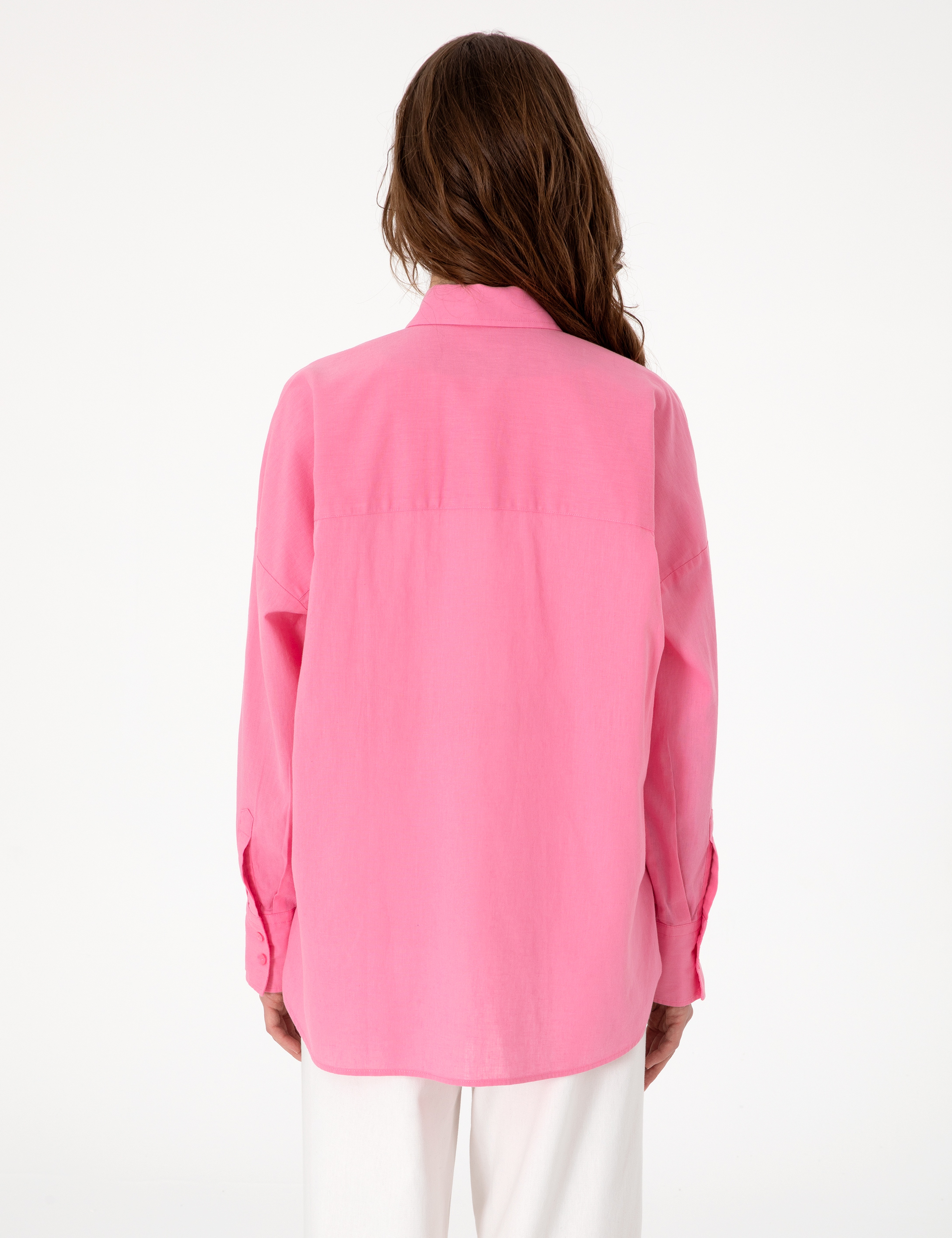 Açık Pembe Oversize Keten Karışımlı Uzun Kollu Gömlek