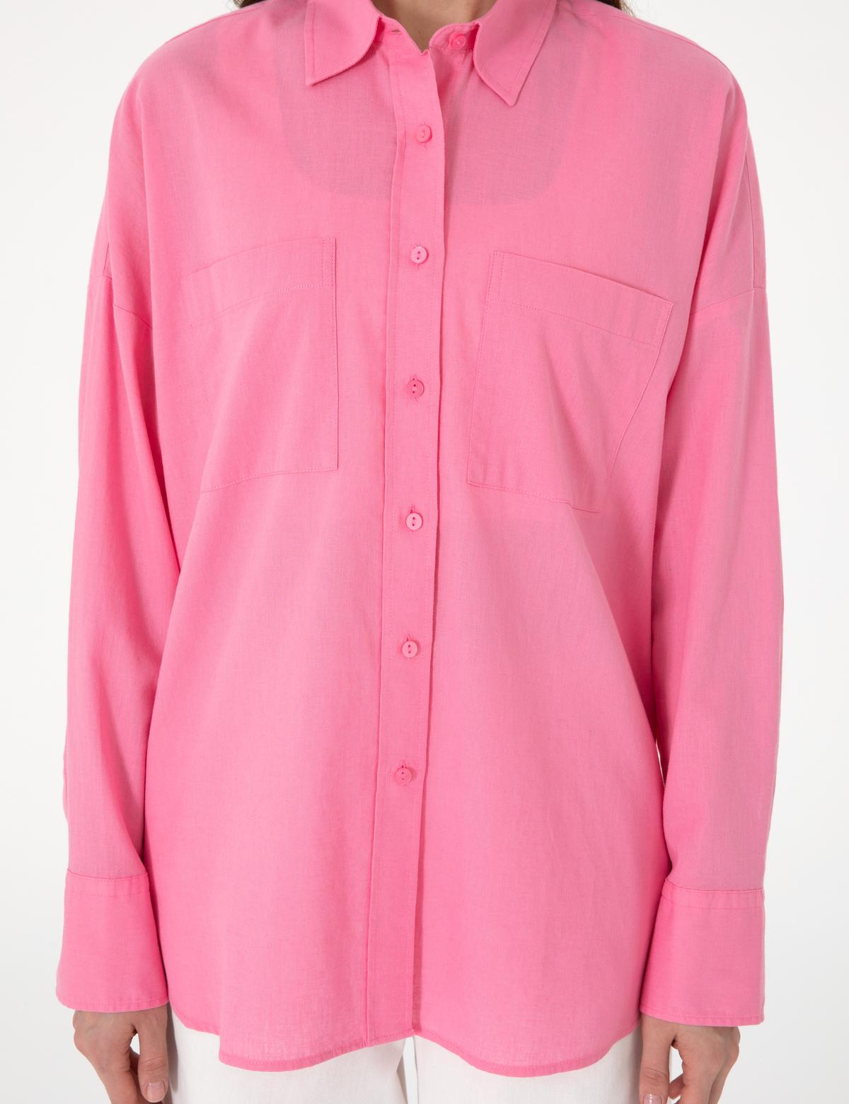Açık Pembe Oversize Keten Karışımlı Uzun Kollu Gömlek - 50313128058