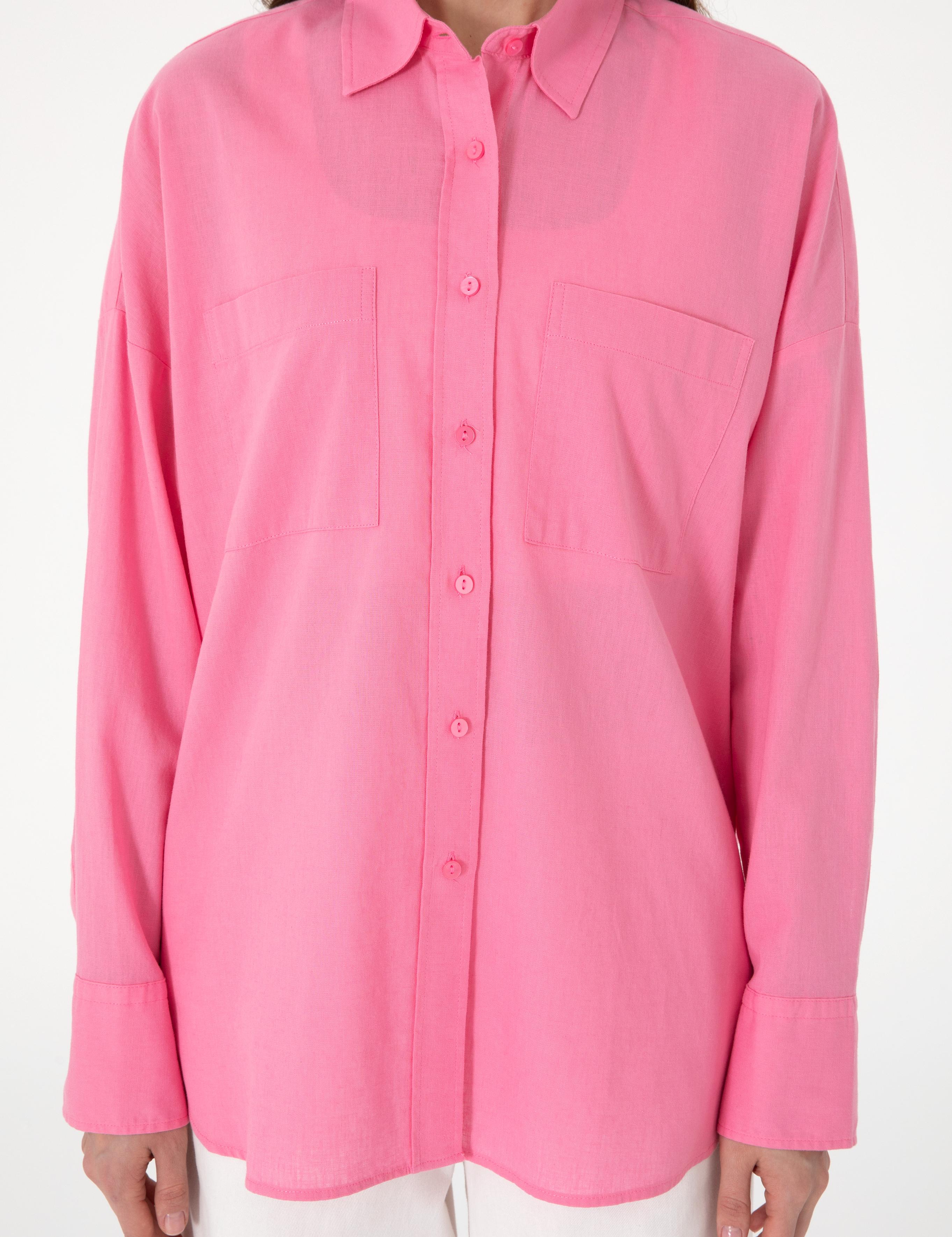 Açık Pembe Oversize Keten Karışımlı Uzun Kollu Gömlek