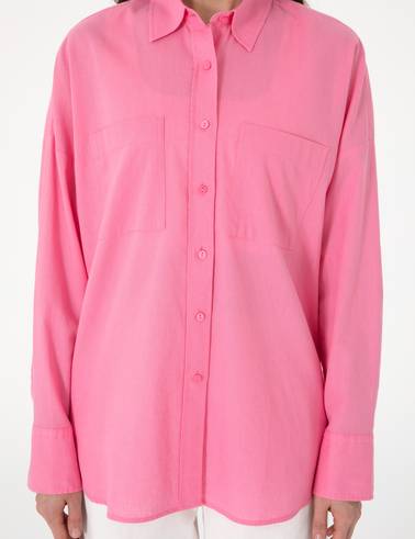 Açık Pembe Oversize Keten Karışımlı Uzun Kollu Gömlek