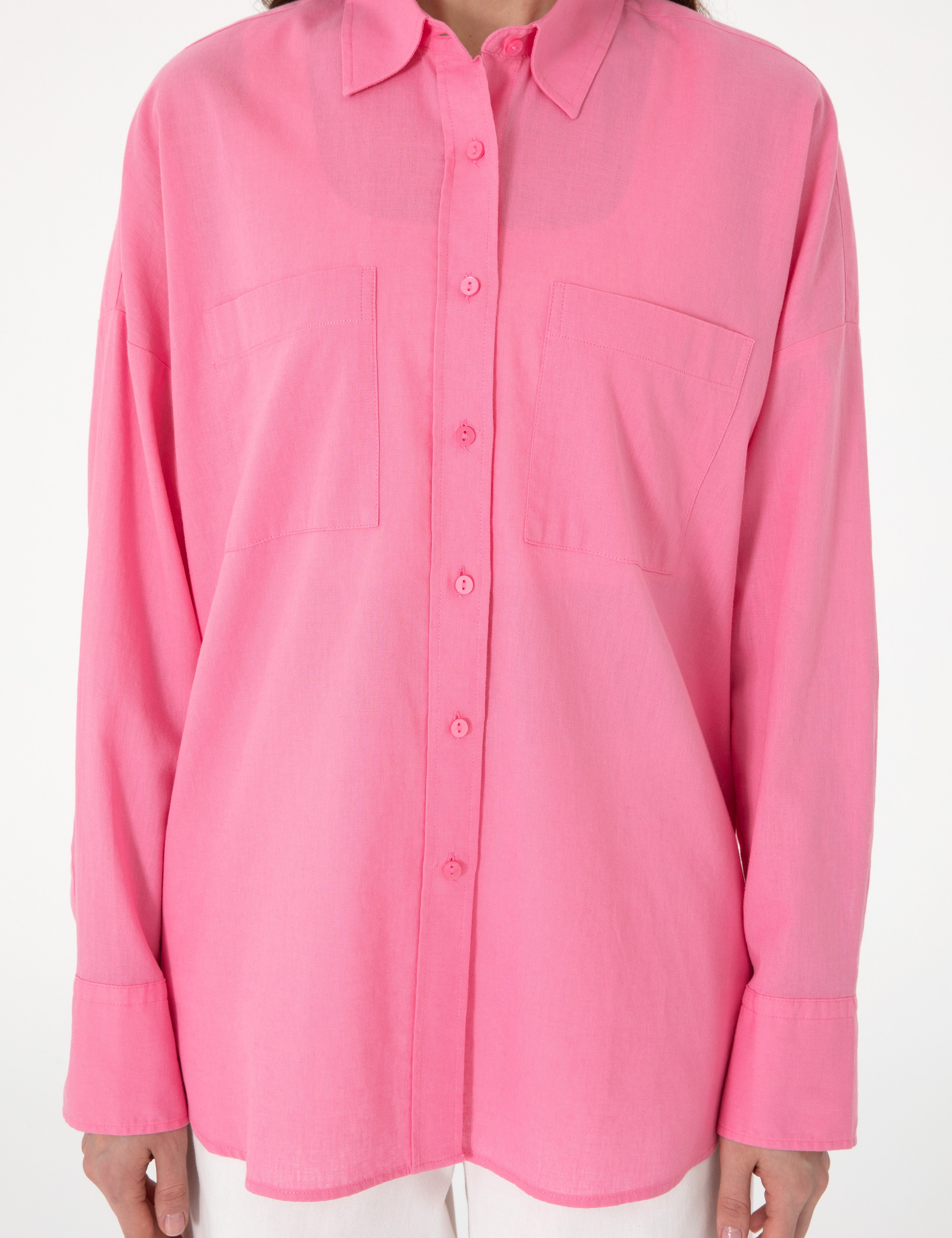 Açık Pembe Oversize Keten Karışımlı Uzun Kollu Gömlek - Image 6