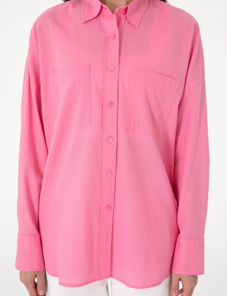 Açık Pembe Oversize Keten Karışımlı Uzun Kollu Gömlek - 50313128058