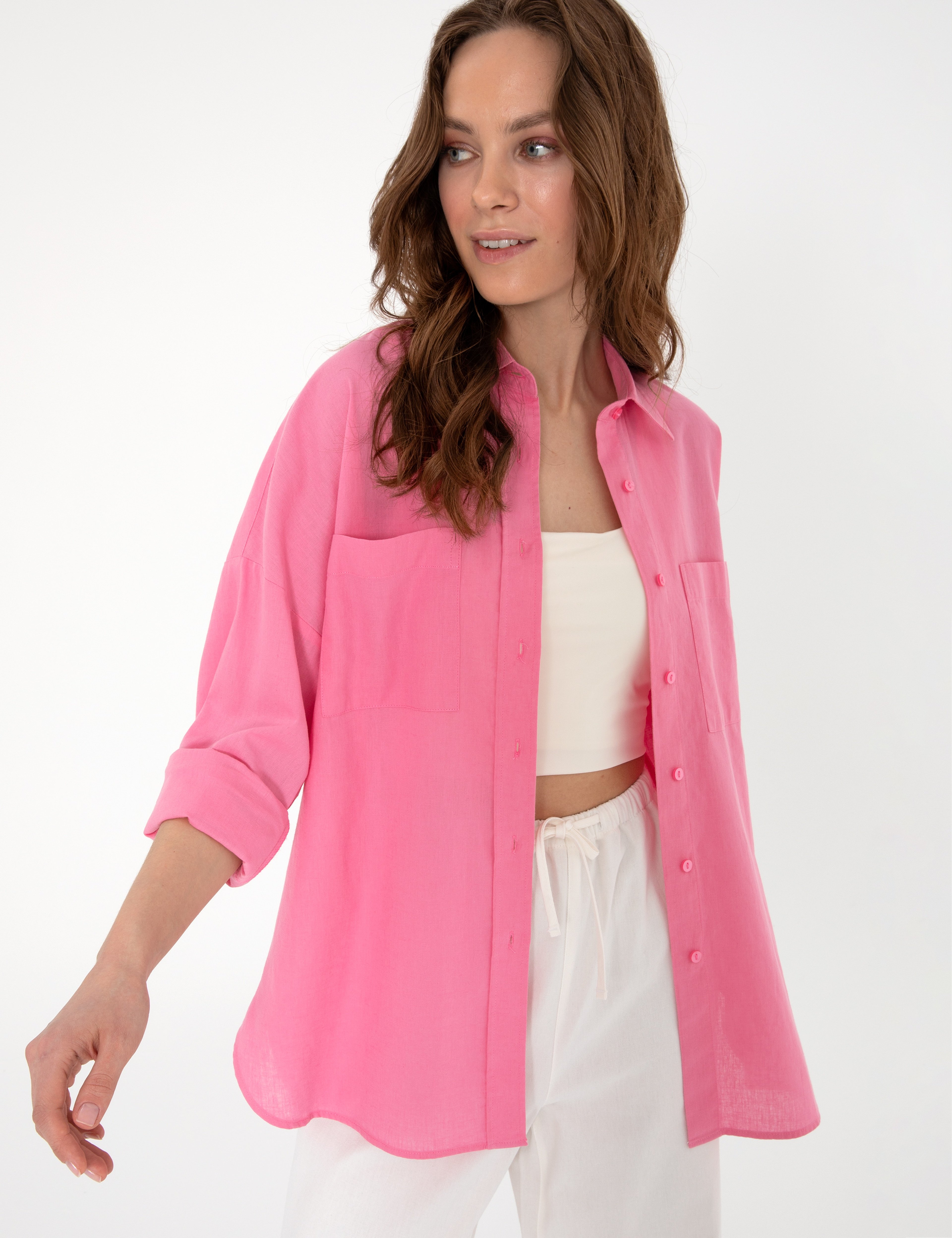 Açık Pembe Oversize Keten Karışımlı Uzun Kollu Gömlek