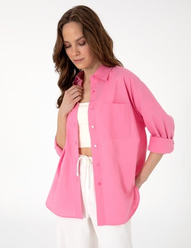 Açık Pembe Oversize Keten Karışımlı Uzun Kollu Gömlek