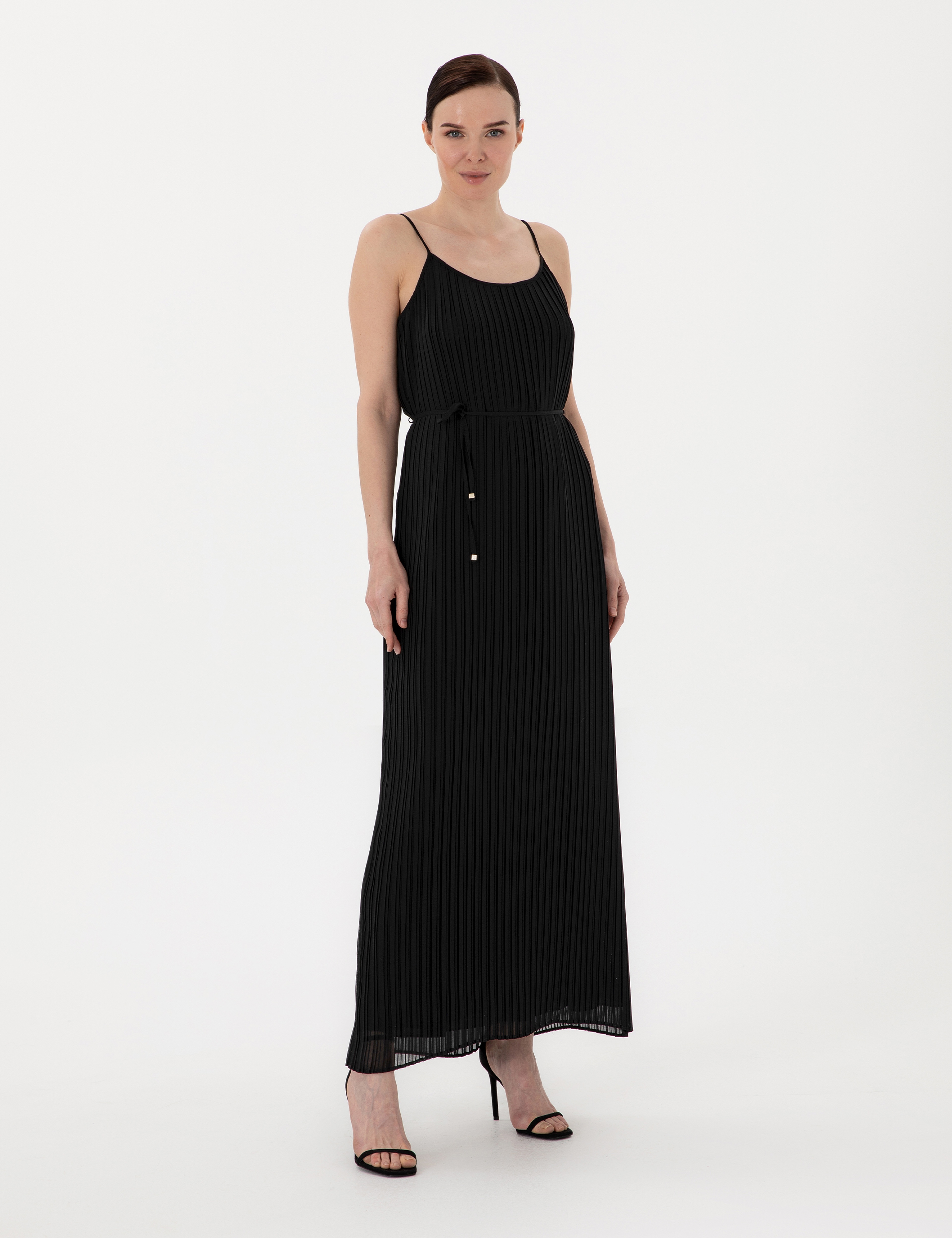 Siyah Regular Fit Dokuma Elbise - Image 3