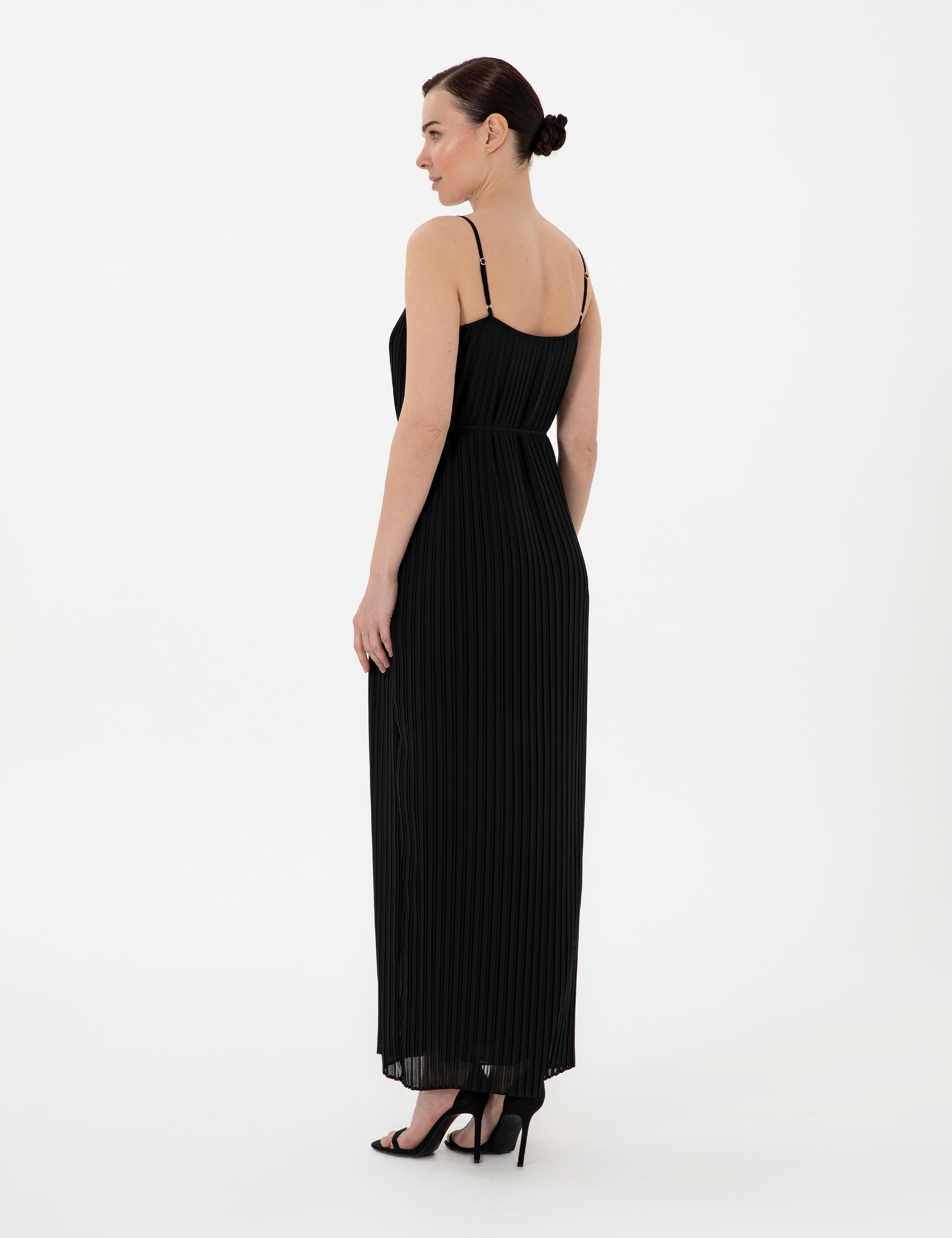 Siyah Regular Fit Dokuma Elbise - Image 4