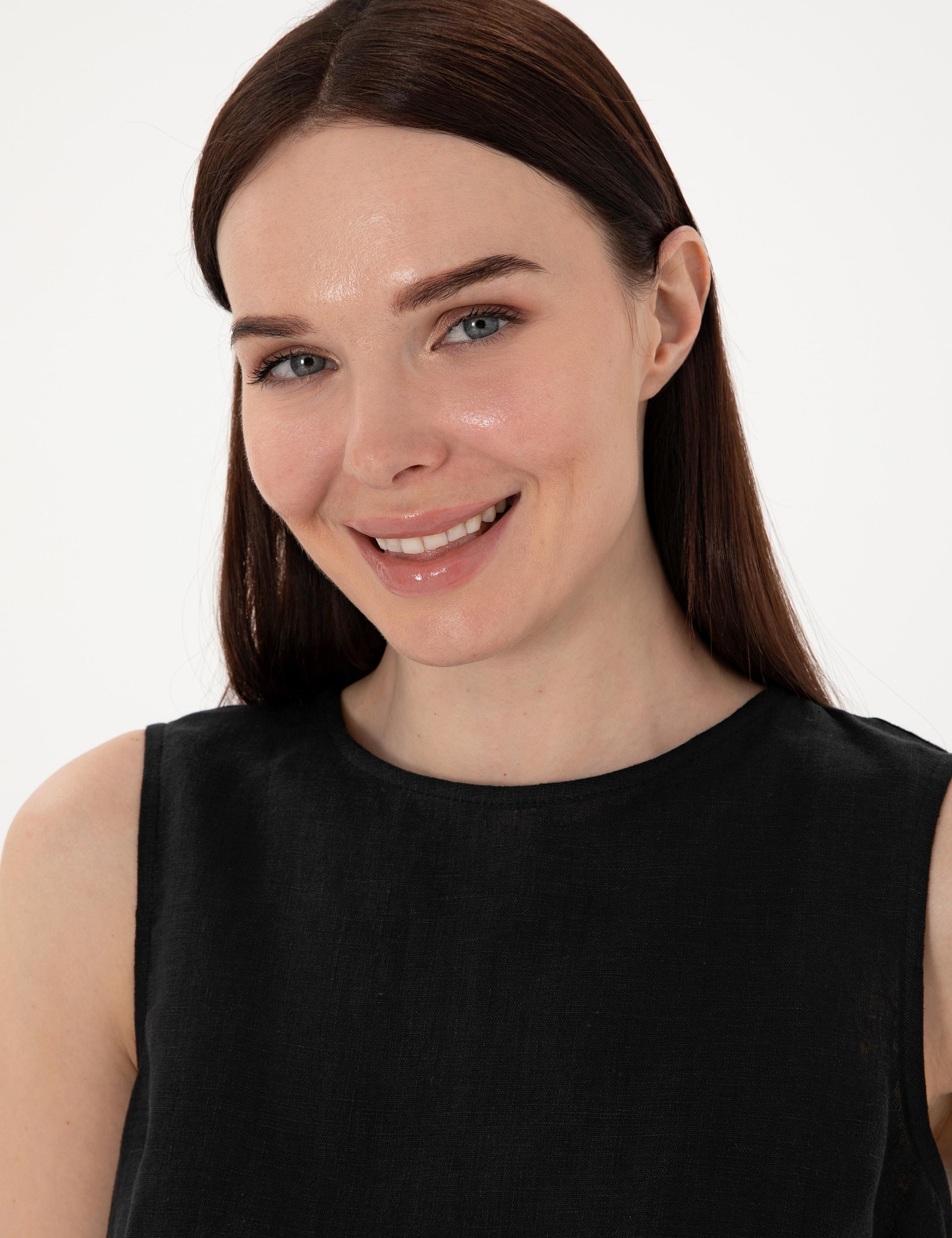 Siyah Regular Fit Keten Bluz