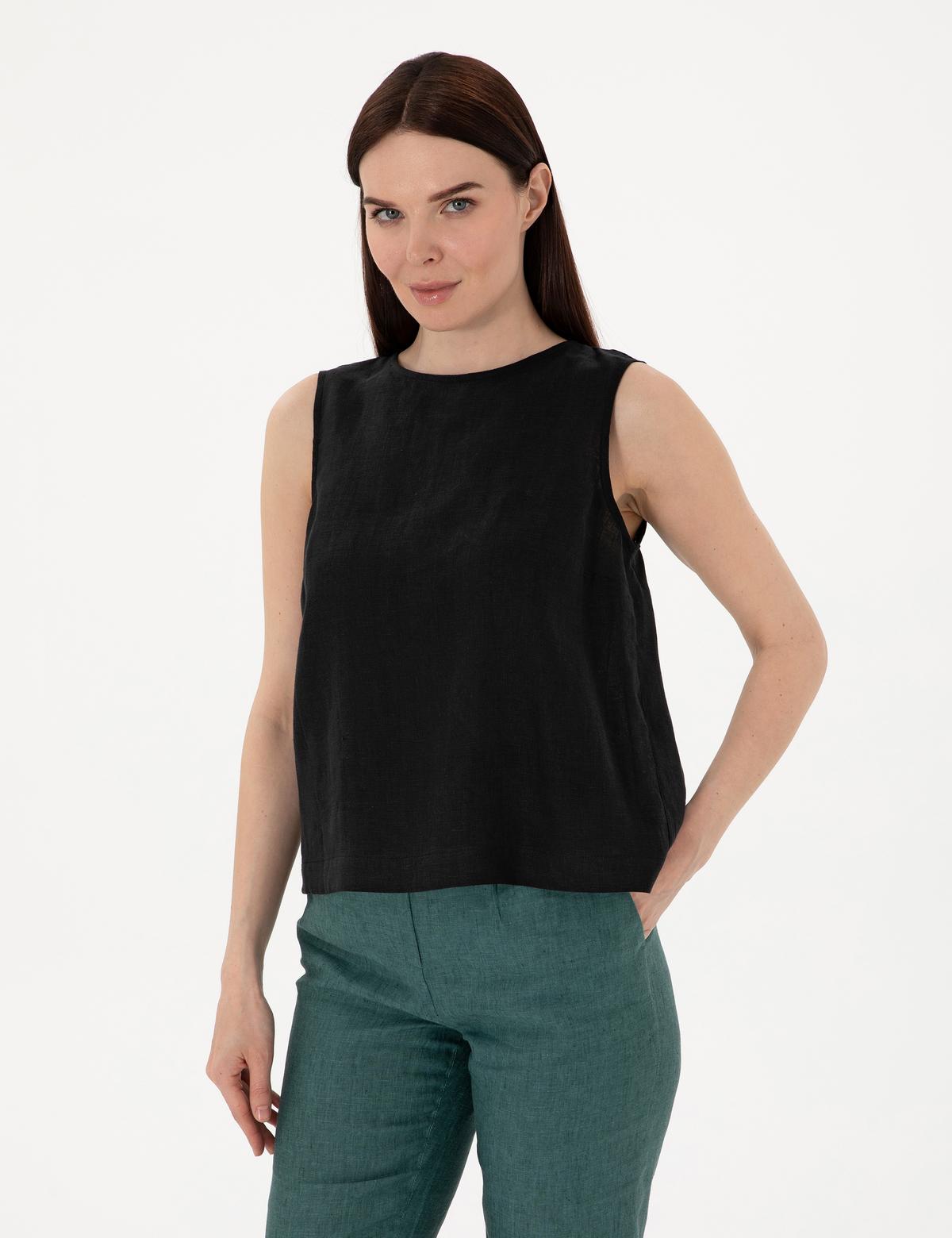 Siyah Regular Fit Keten Bluz