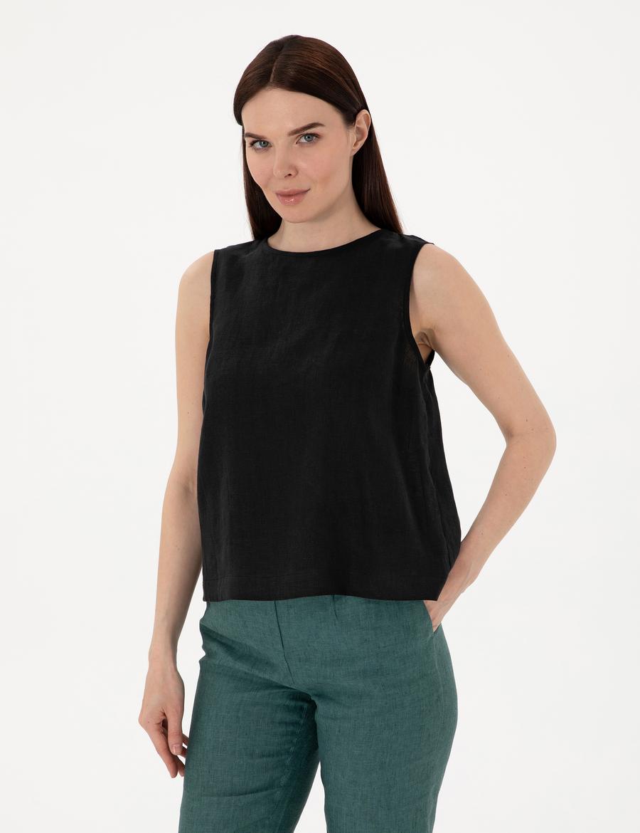 Siyah Regular Fit Keten Bluz