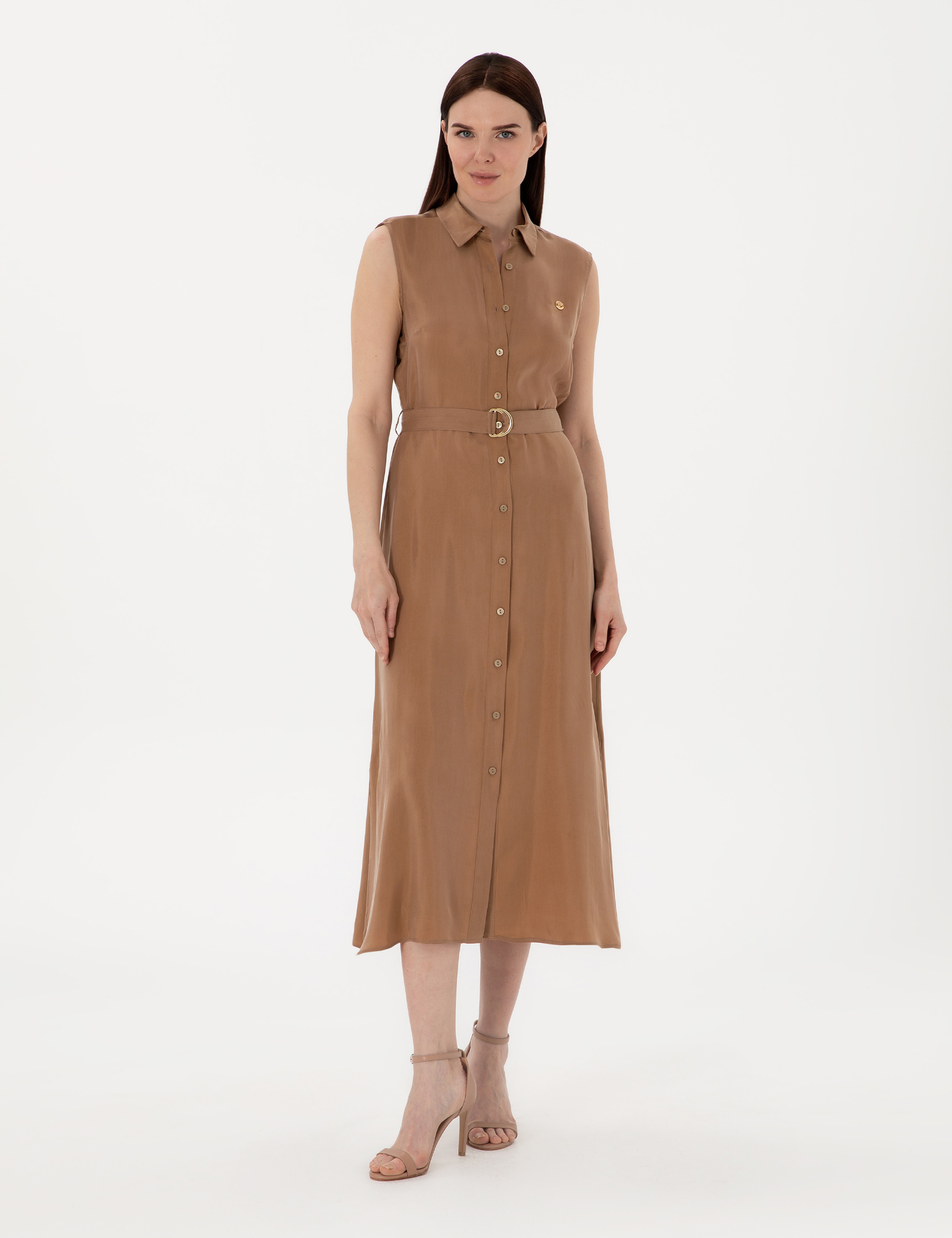 Kahverengi Regular Fit Dokuma Elbise - Image 1