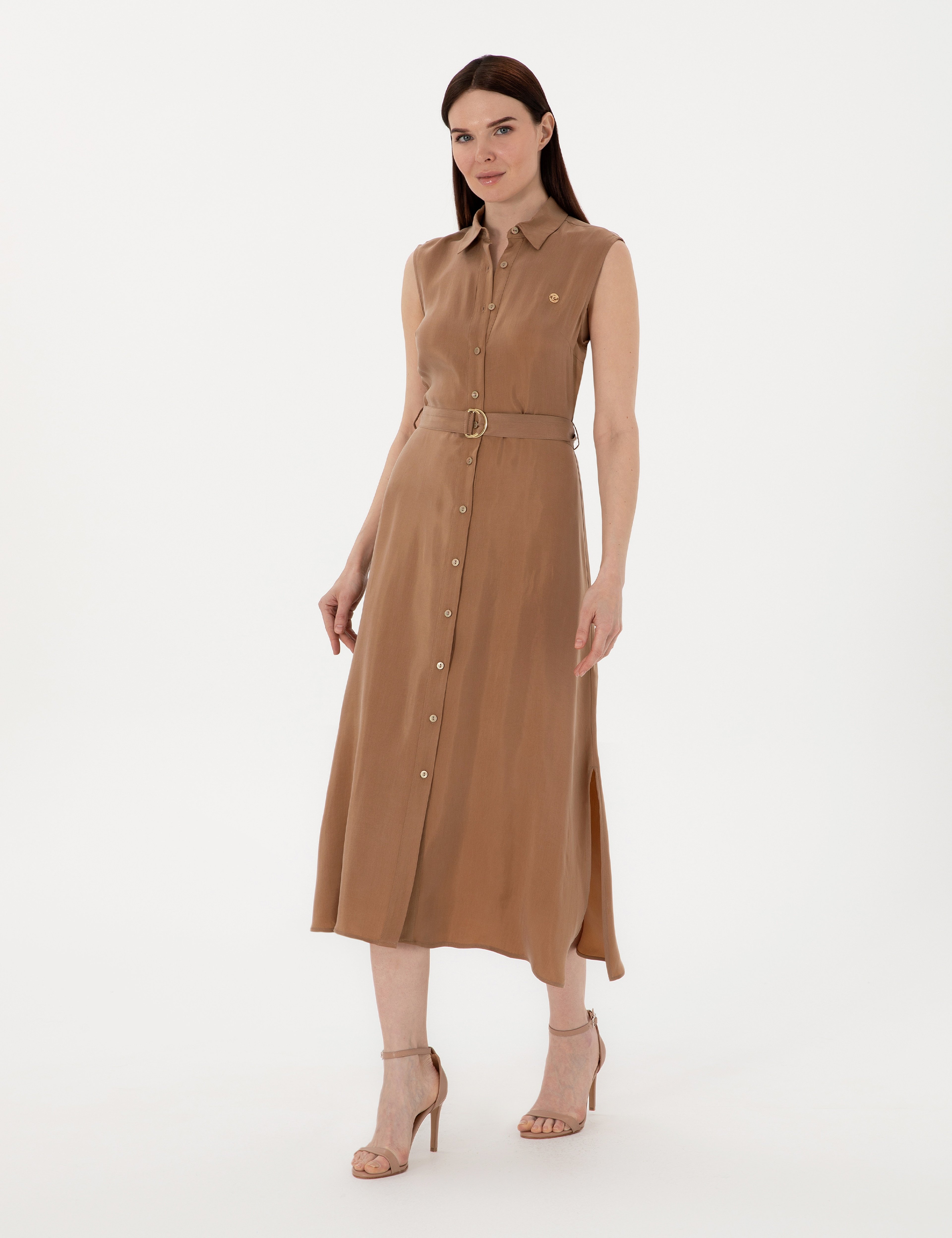 Kahverengi Regular Fit Dokuma Elbise - Image 3