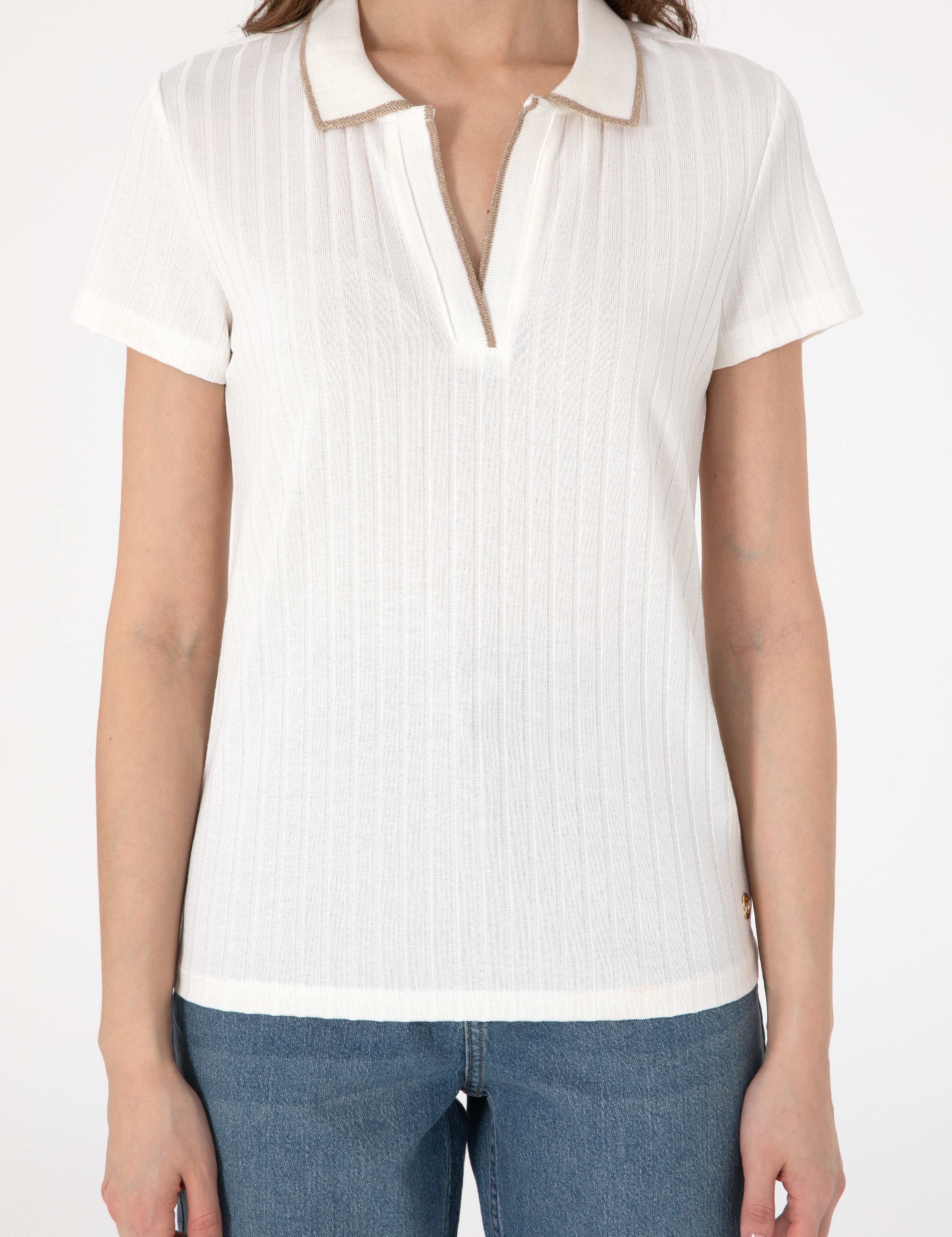 Ekru Slim Fit Basic Tişört - Image 6
