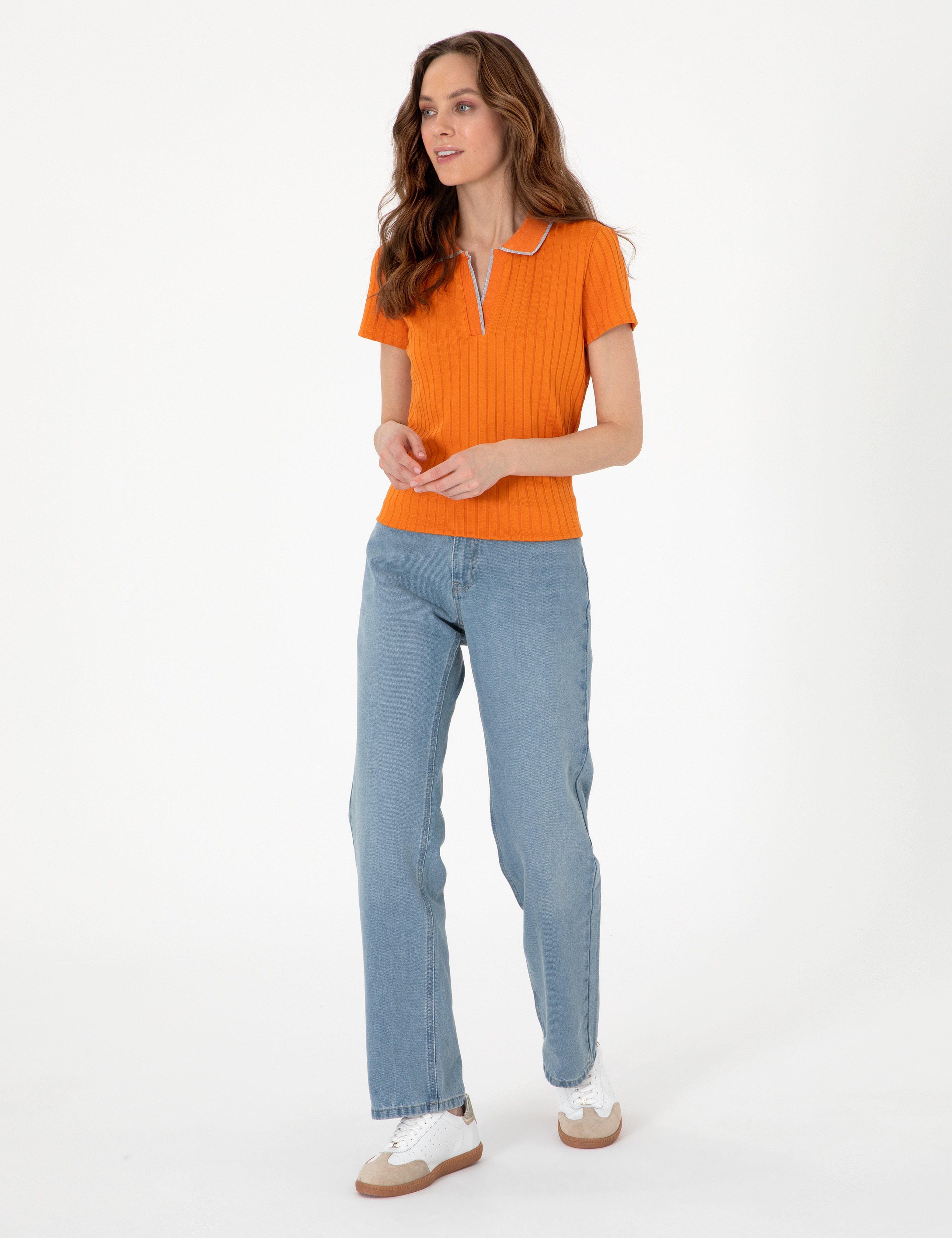 Turuncu Slim Fit Basic Tişört - Image 4