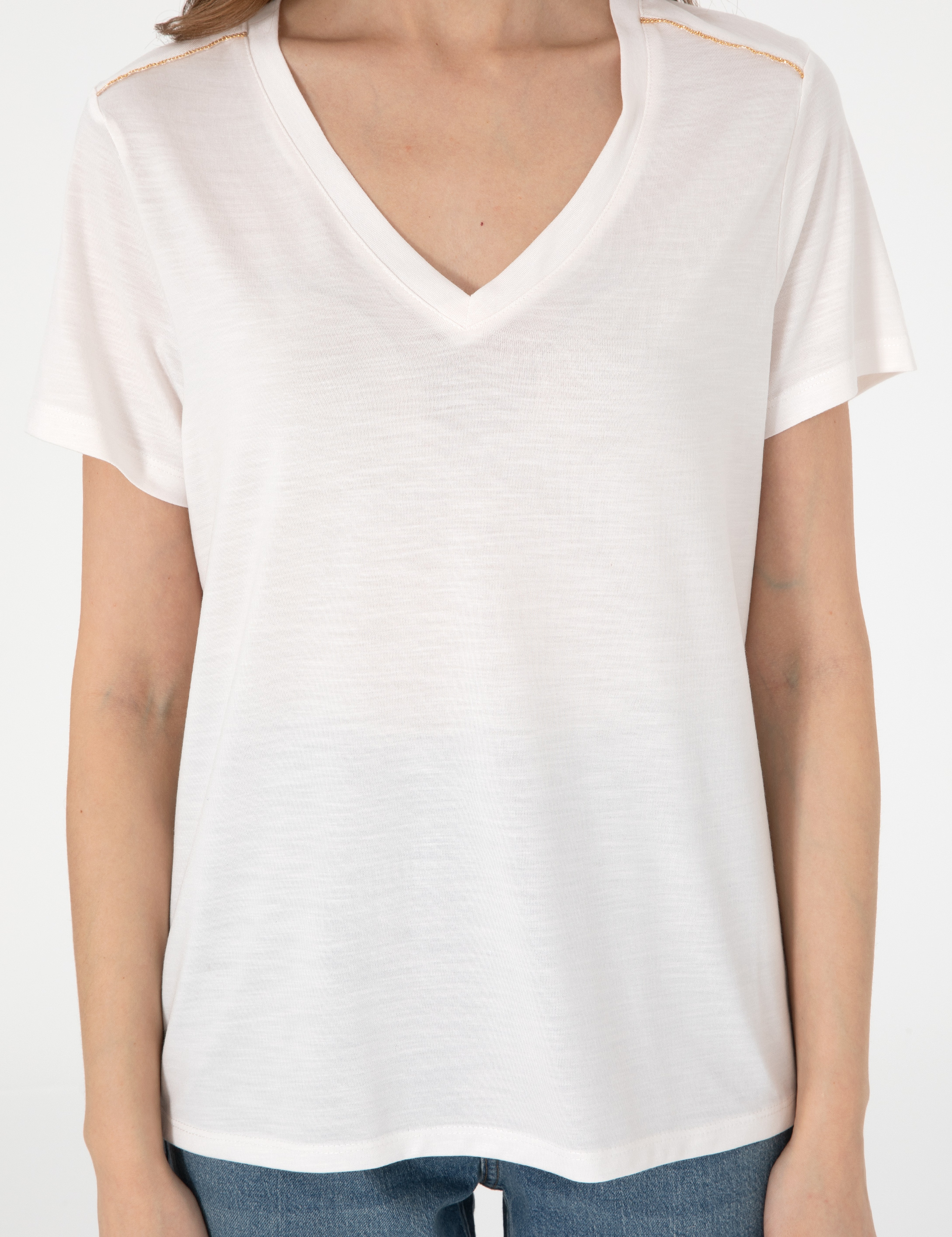 Krem Regular Fit Tişört - Image 6