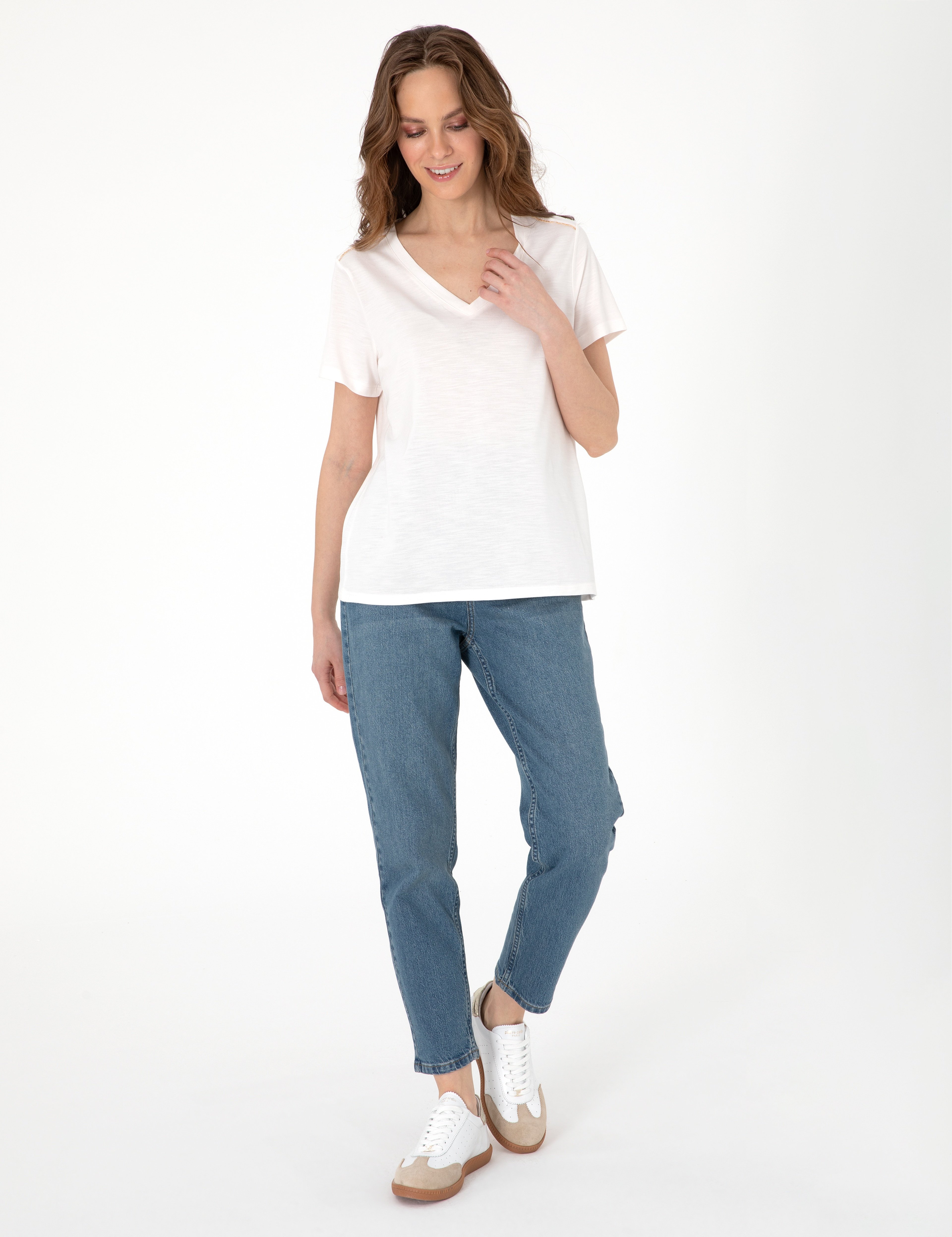 Krem Regular Fit Tişört - Image 4