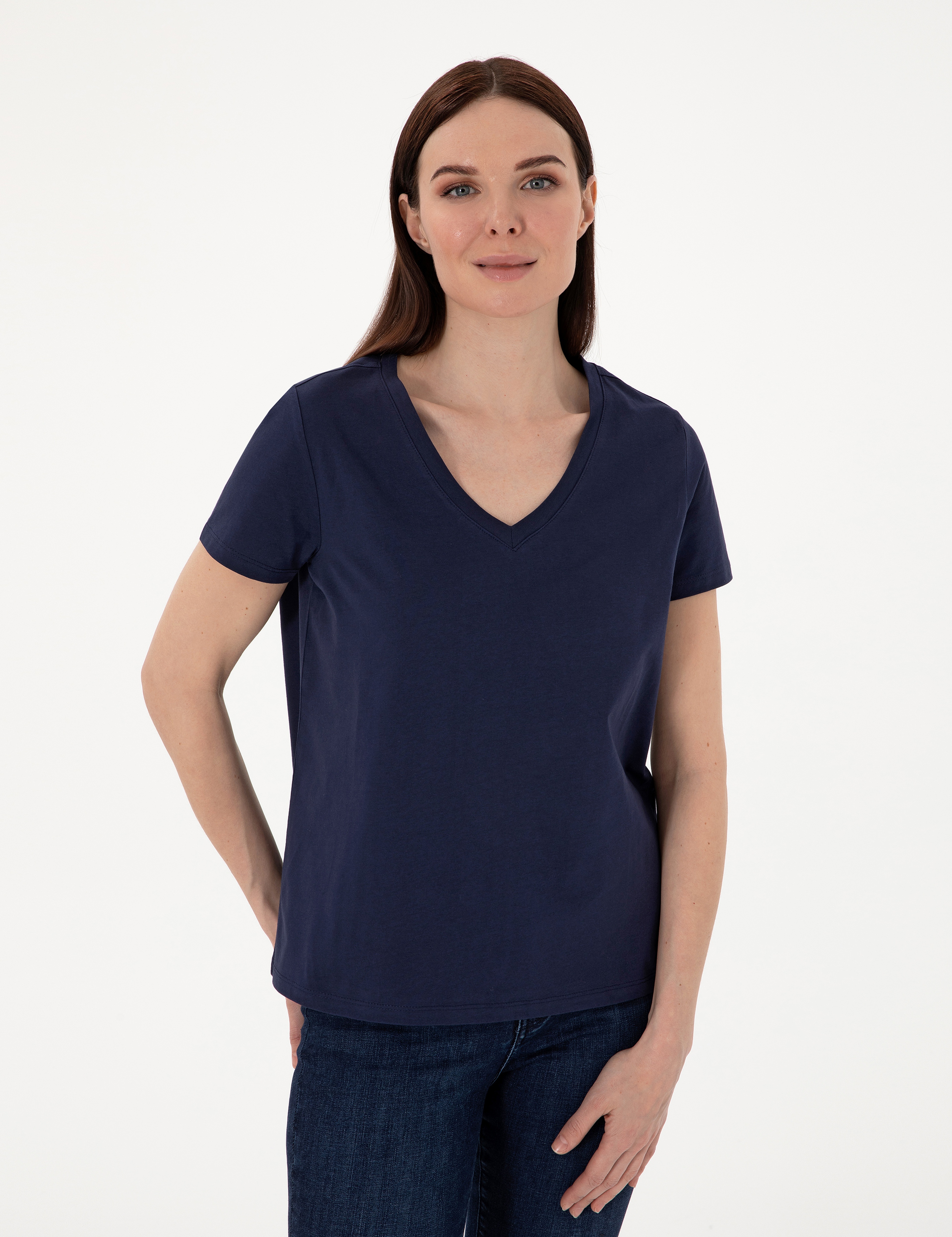 Lacivert Regular Fit V Yaka Basic Tişört - Image 3