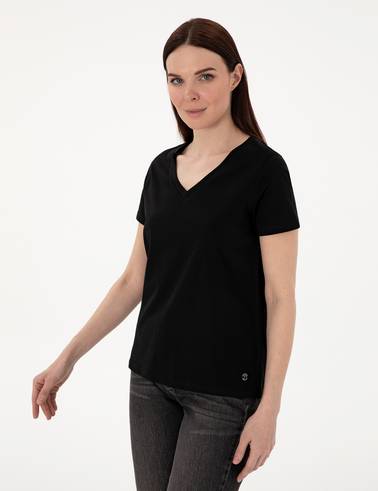 Siyah Regular Fit V Yaka Basic Tişört