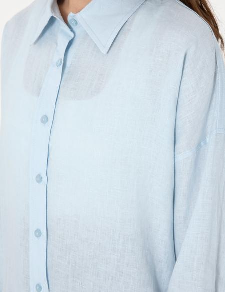 Açık Mavi Oversize Uzun Kollu %100 Keten Gömlek - 50301078033