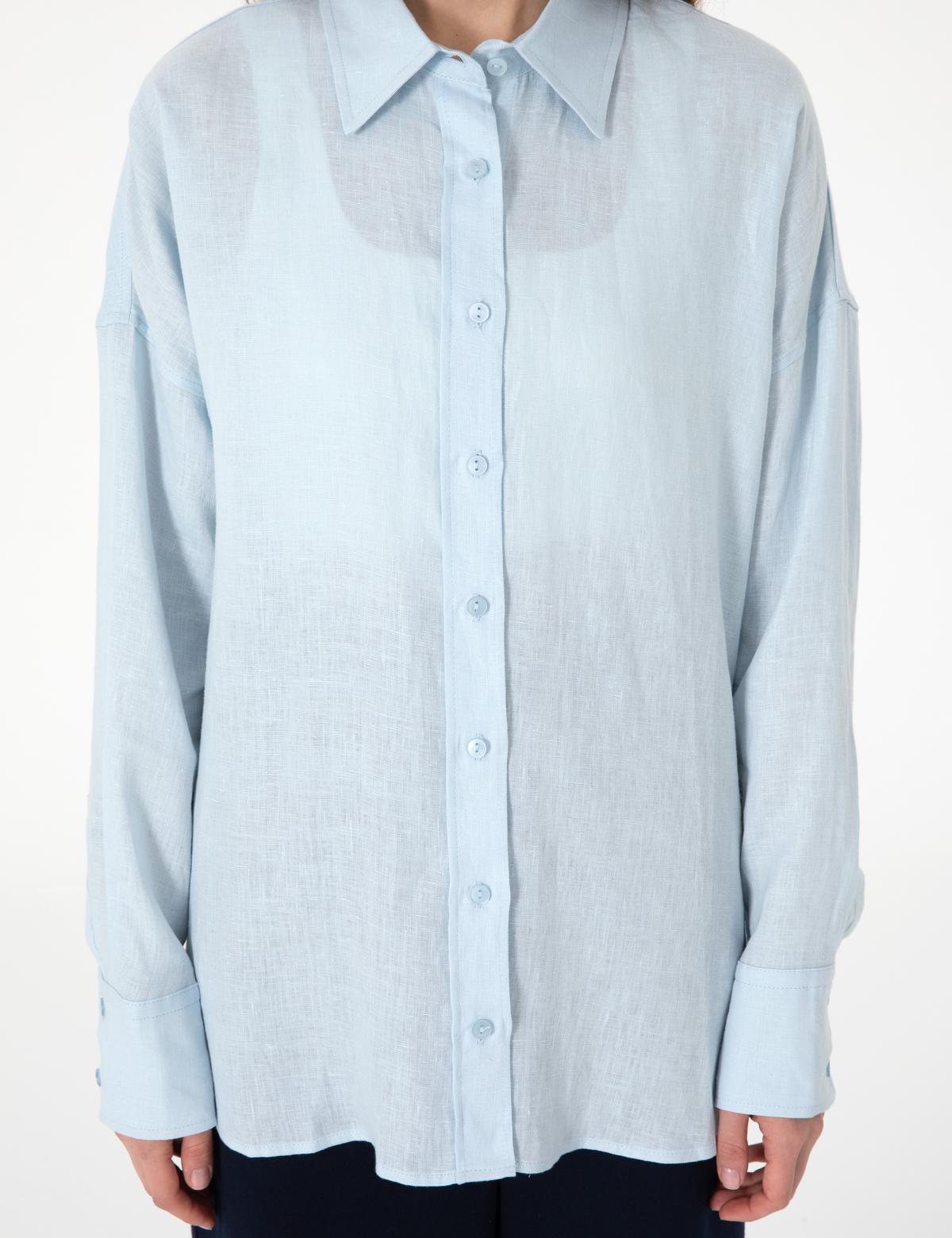 Açık Mavi Oversize Uzun Kollu %100 Keten Gömlek - 50301078033