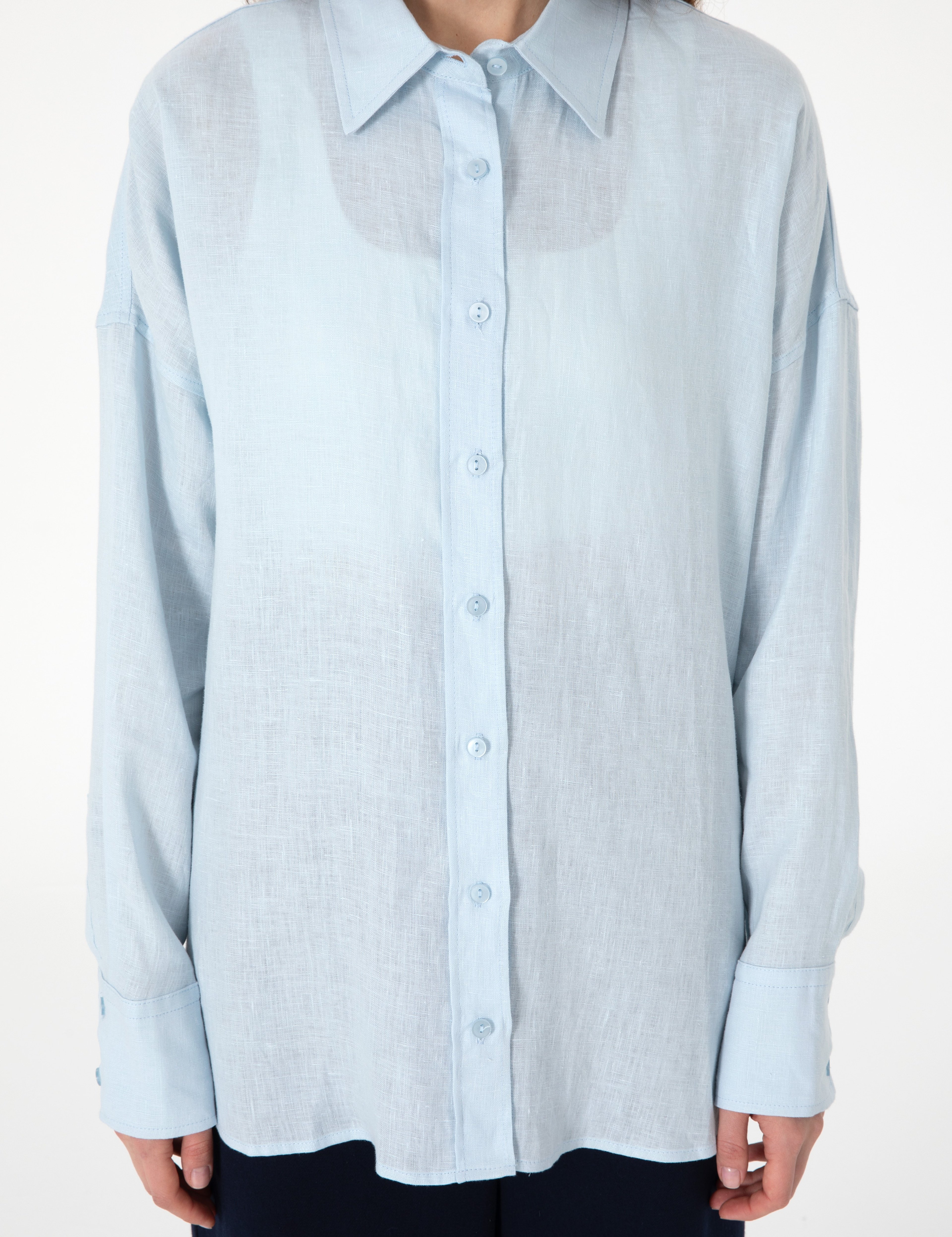 Açık Mavi Oversize Uzun Kollu %100 Keten Gömlek - Image 6